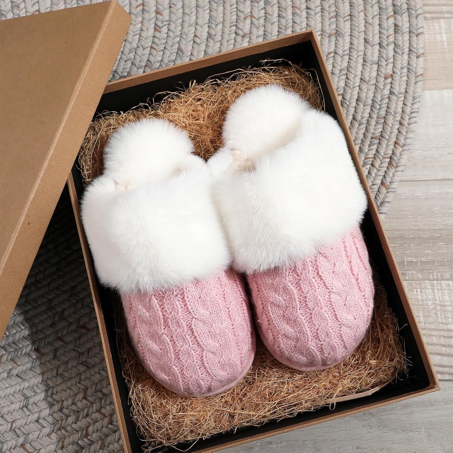 Slippers for Women Cable Knit Fuzzy Slides Warm Cozy Home Winter Shoes Fluffy Faux Fur Lined Slipper Indoor Outdoor - Image 4
