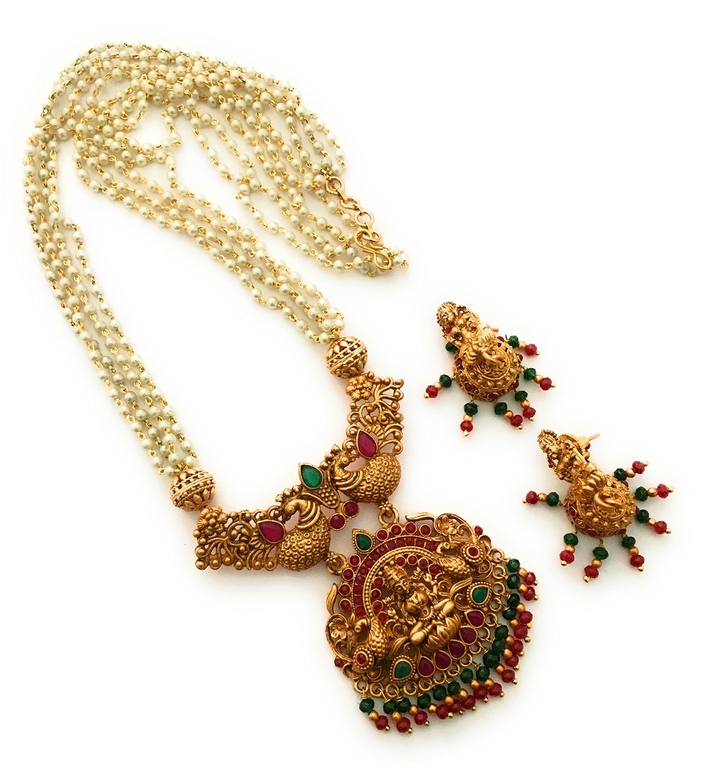 sasitrends Traditional Gold Plated White Pearl Chain Pendant Necklace Jewellery Stone-Studded Set Stone Women & Girls-20 Inches-picture-35