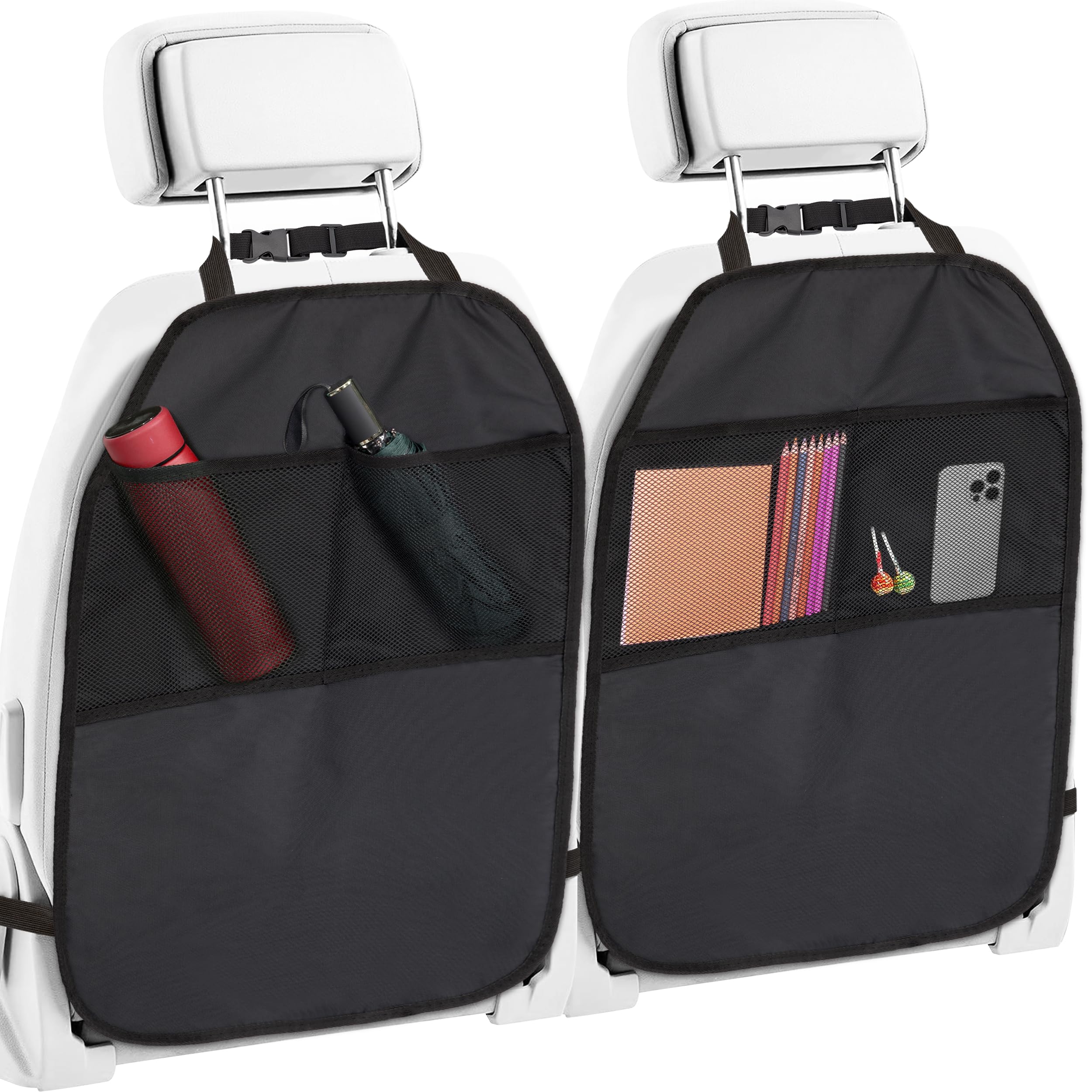 Protector de Asiento de Coche Organizador Asiento Coche para Niños con 2 Bolsillos de Malla Protector 2 Piezas Negro para Respaldos