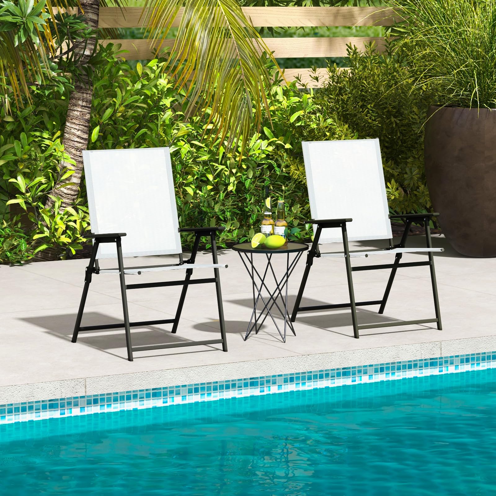 GIANTEX Lot de 4 chaises de Jardin Pliantes à Dossier Haut, pour Balcon, terrasse, avec Dossier et accoudoirs Hauts, en métal et Textile, Charge maximale : 150 kg, Blanches