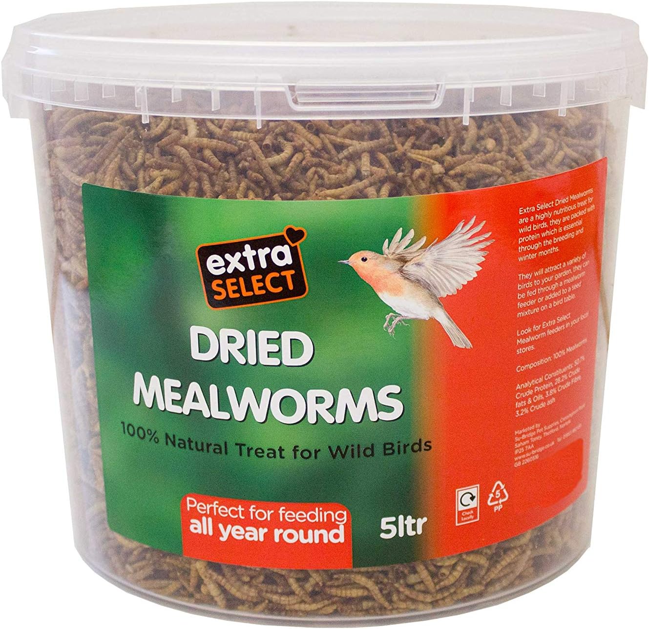 Dried Mealworms for Wild Birds: Protein Rich Wild Bird Food for Robins and Wildlife - Meal Worms for Garden Birds - 5 Litre Tub