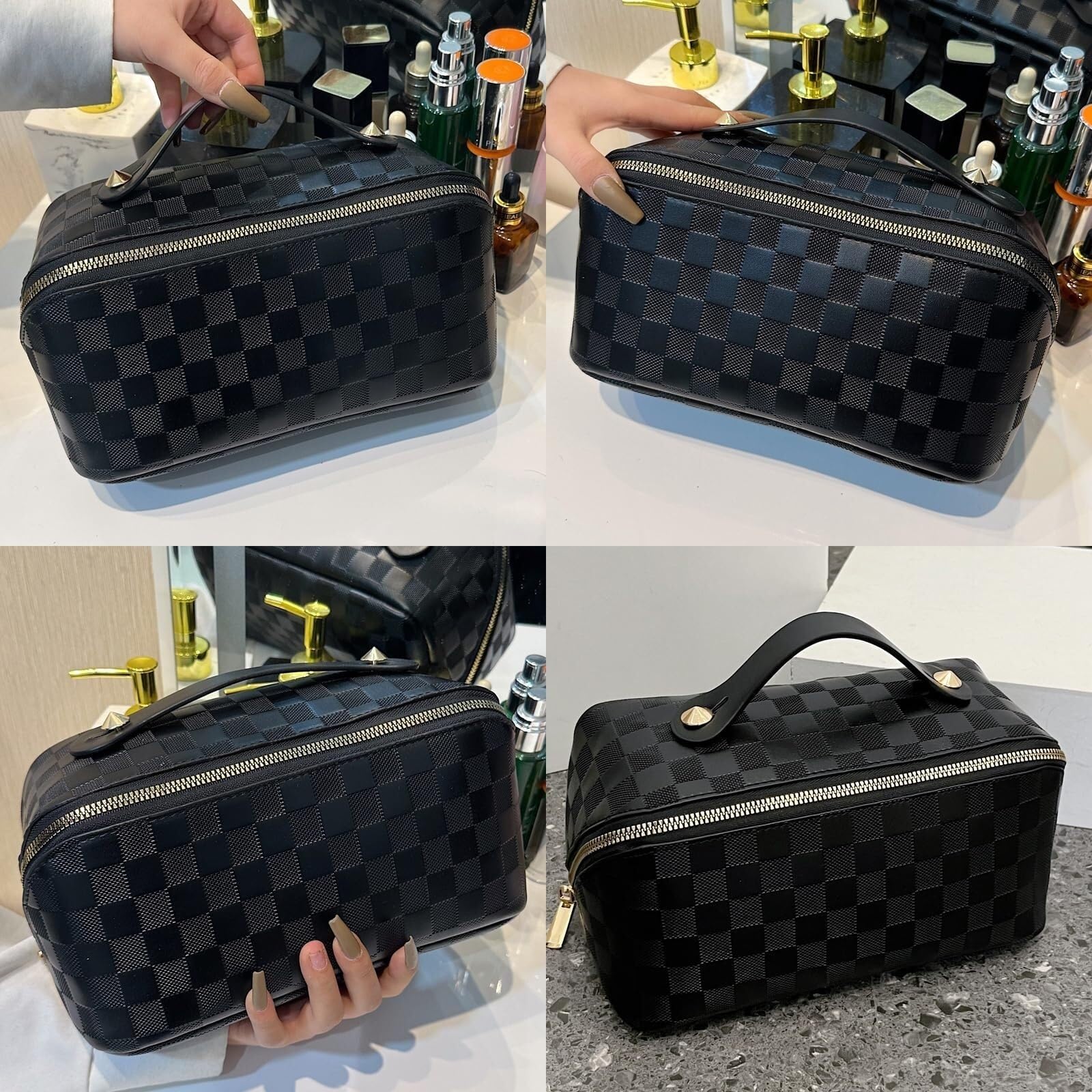 Kosmetiktasche Damen Kosmetiktasche Damen PU-Leder Kosmetiktasche Reise-Kulturbeutel mit Grifffach Kulturbeutel(Black)