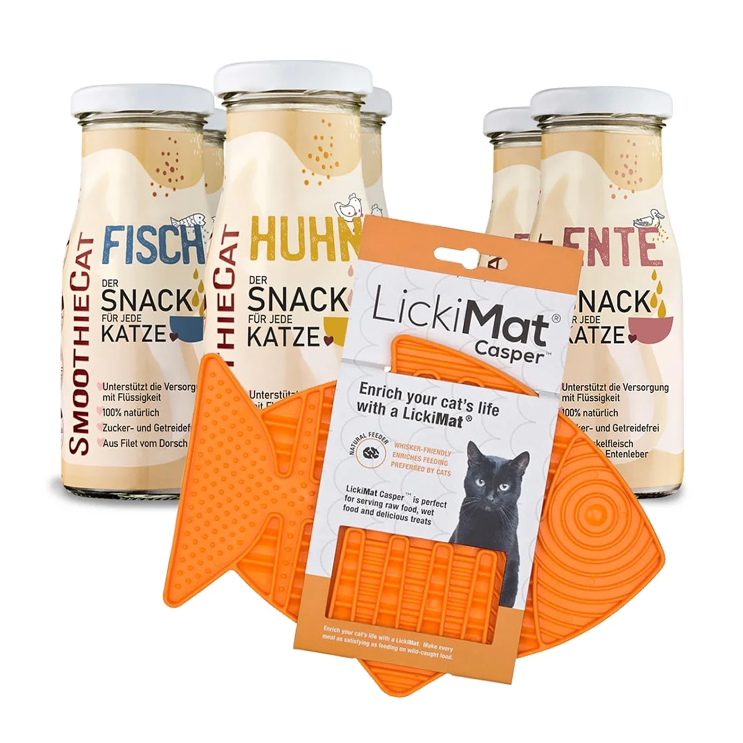 Katzen Smoothie SmoothieCat 6er Mix + Lickimat Casper Orange - je 2X: Huhn, Ente, Fisch - Flüssignahrung für Katzen - Katzensuppe - Zucker- & glutenfrei - Schleckmatte - je 150ml