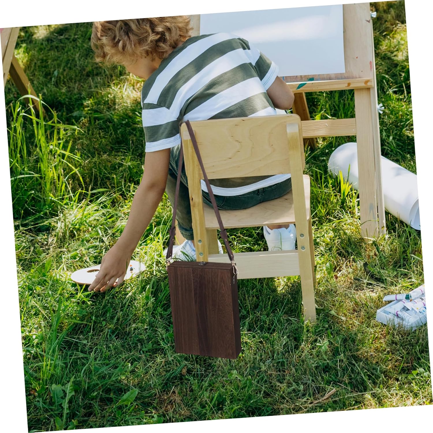 Portable Wooden Messenger Box 13x9inch Handmade Artist Storage Case Versatile Sketch Tool Box for Outdoor Painting with Shoulder Strap