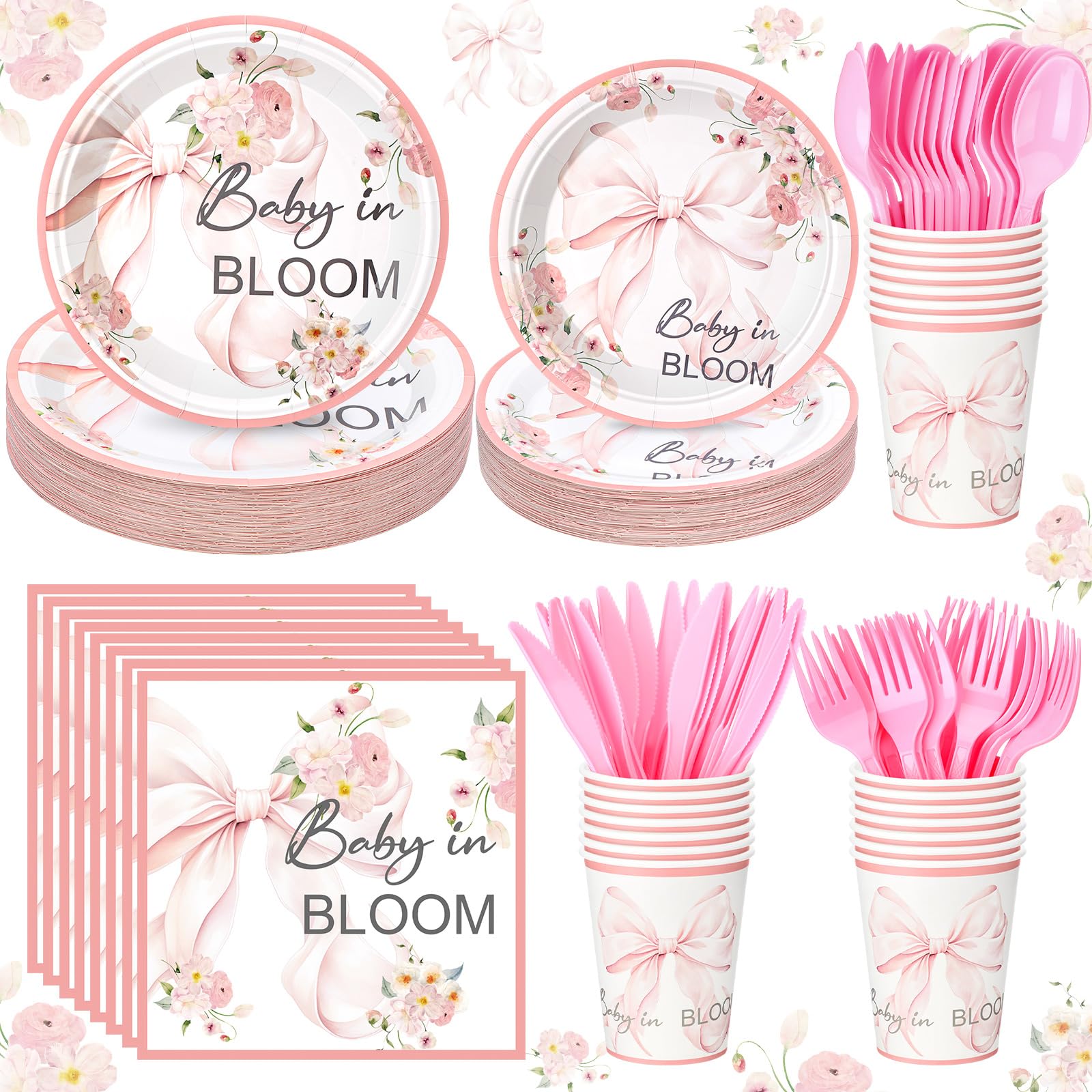 Romooa 24 Set Baby in Bloom Wildflower Floral Party Tableware Set for Baby Shower Girl Birthday Decorations Coquette Pink Girl Bow 9" 7" Paper Plates