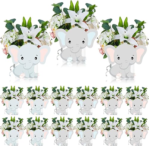 Hushee 12 Juegos de Centros de Mesa de Flores para Baby Shower para Mesas, Decoraciones de Elefante para Baby Shower, Cajas 3D para Niños y Niñas,