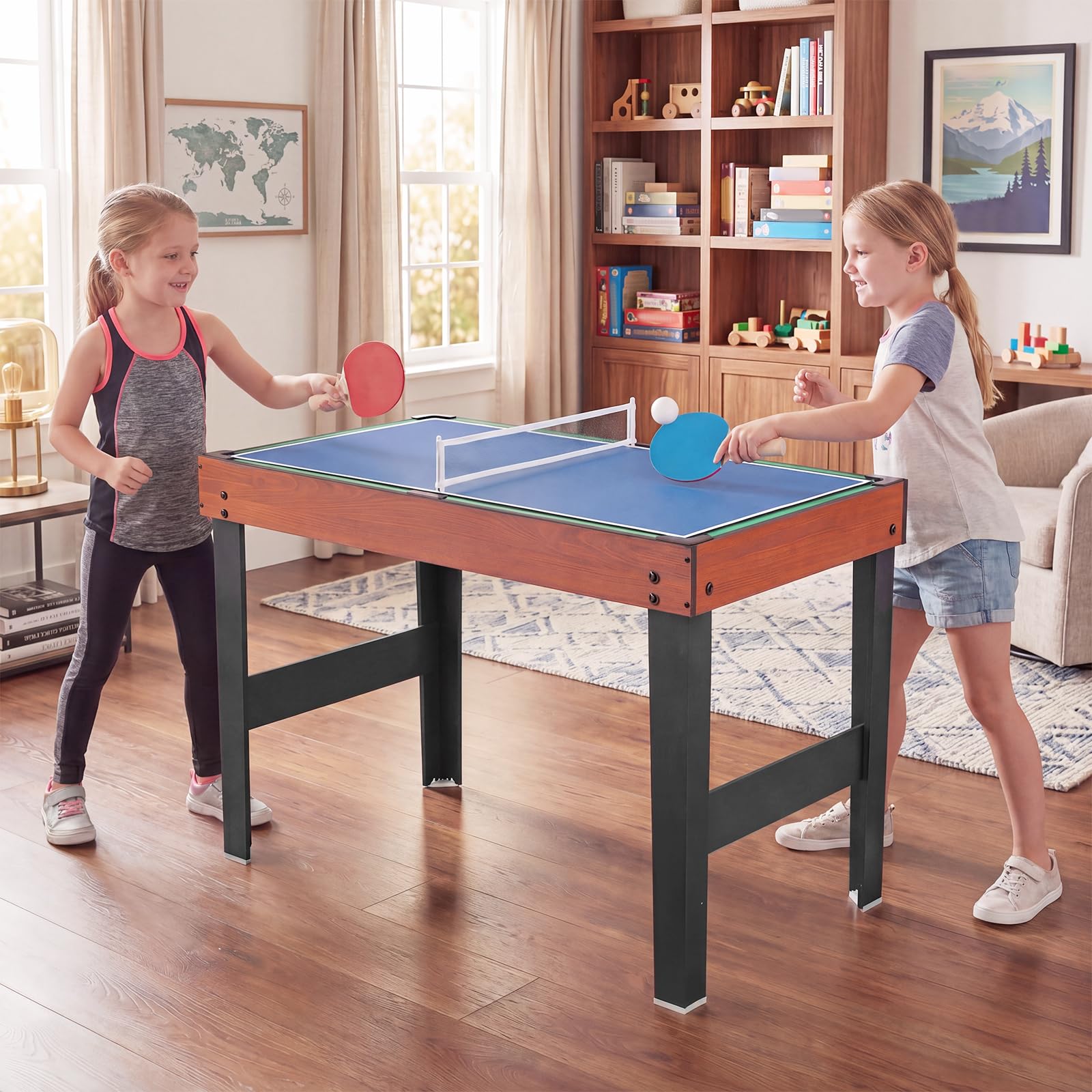 HOMASIS 4 in 1 Tavolo Multigioco con Calcio Balilla, Biliardo, Hockey e Ping Pong, Tavolo da Gioco in Legno per Bambini e Adulti con Accessori, Calcetto da per Casa, Bar, Ufficio
