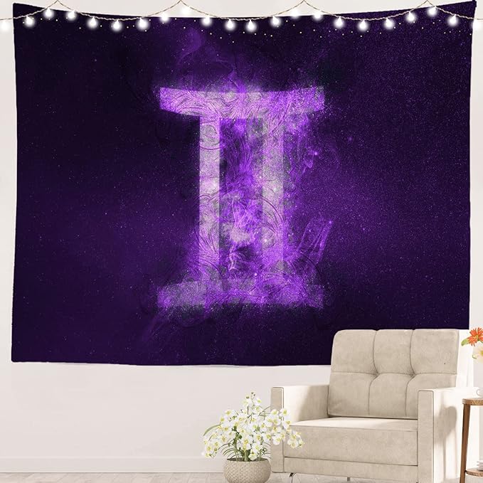 Batmerry Gemini Zodiac Night Sky Tapestry, Gemini Zodiac Symbol Picnic Mat Hippie Trippy Tapestry Wall Art Meditation Decor for Bedroom Living Room Dorm, 39.4 x 59.1 Inches, Blue Violet 1