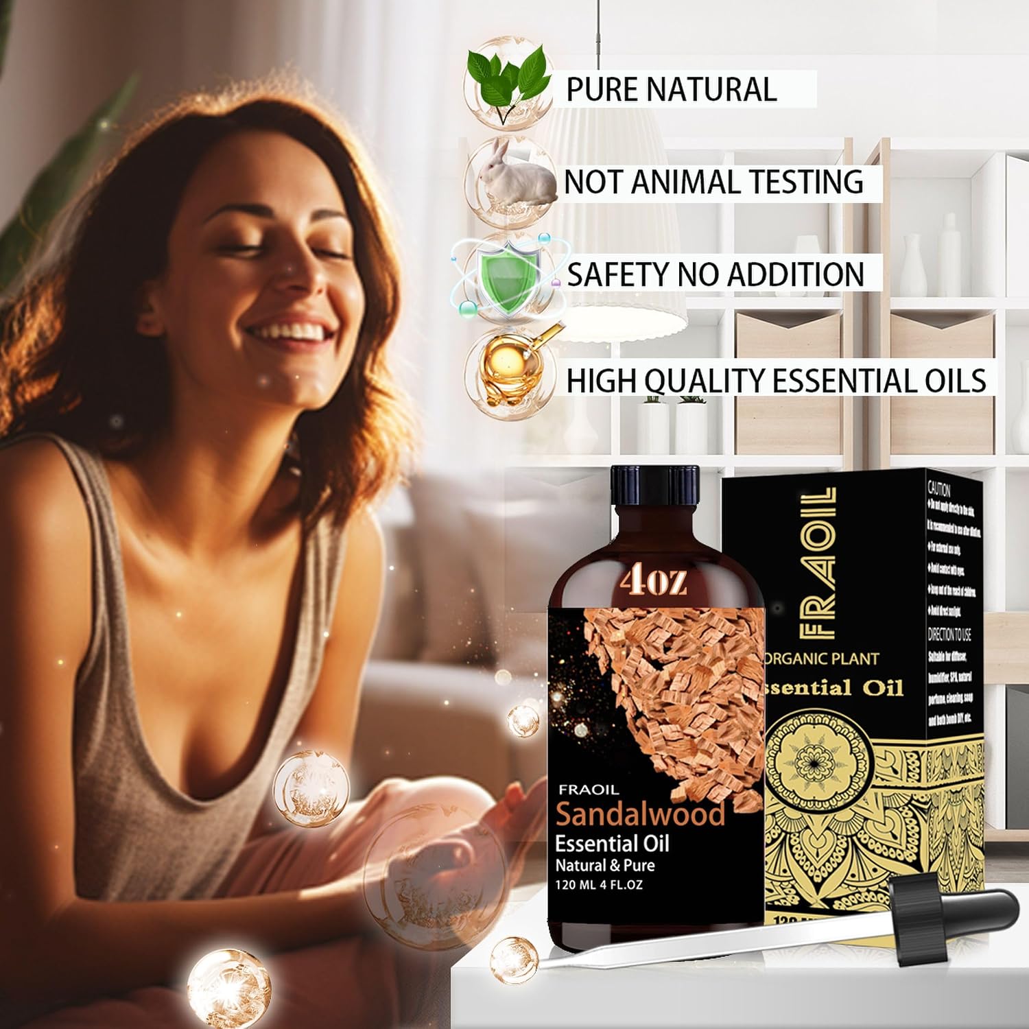 Sandalwood Essential Oil, Sandalwood Oil 4 Fl Oz 120ML for Diffuser Humidifier Yoga Cleaning DIY Candle Soap Making Perfume Gift for Women Essential Oils