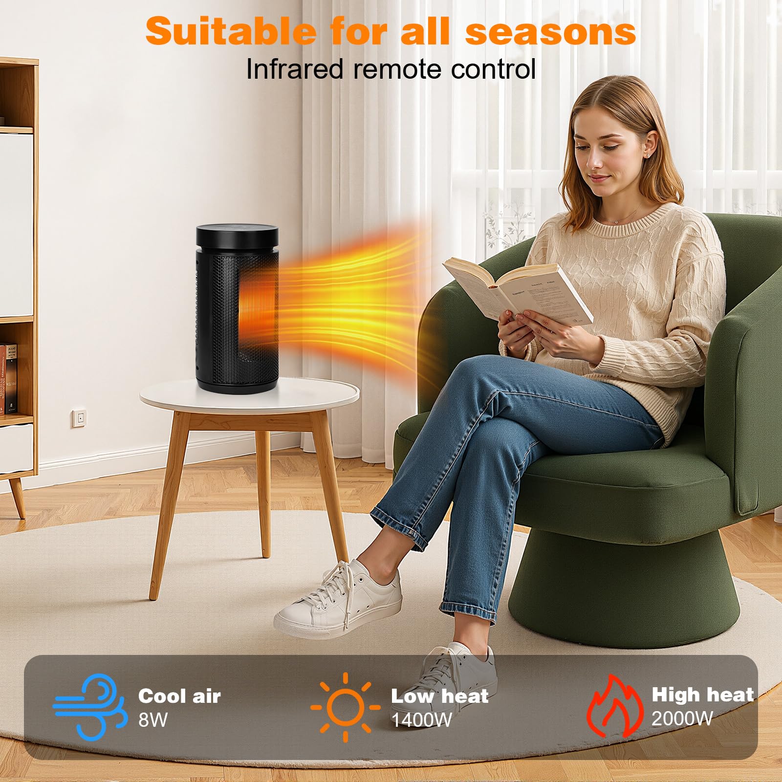 Heizlüfter 2000W，PTC Keramik Heizlüfter Energiesparend Leise mit ECO Modus,4 Heizmodi mit 70 ° Oszillation,12 Stunden-Timer, Fernbedienung, Überhitzungs und Kippschutz