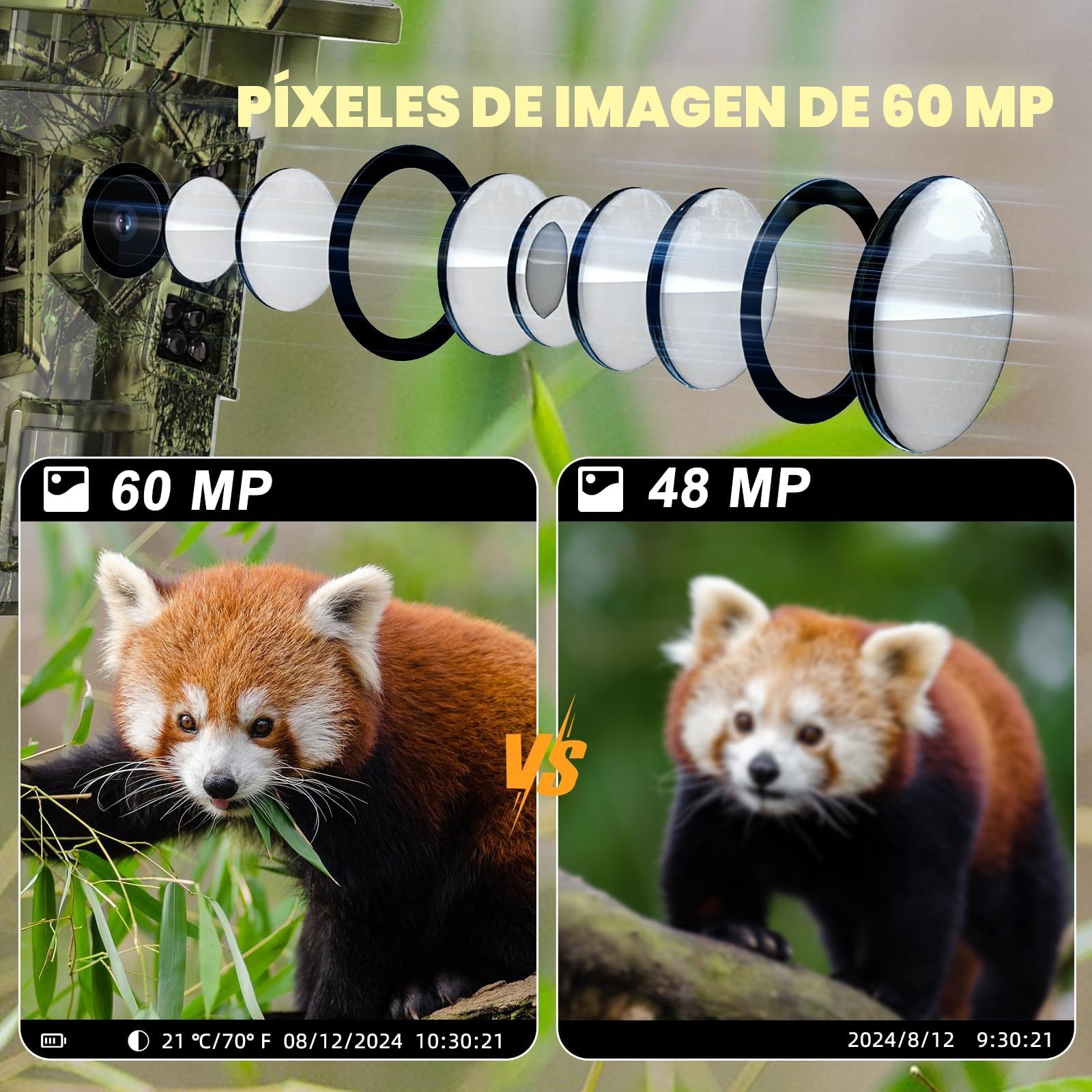 Coolifepro Cámara de Caza Solar 60MP 4K WiFi Bluetooth con Ángulo de Detección de 100°,Batería Interna 2600mAh,Camara Fototrampeo con Visión Nocturna,Disparo de 0.1S con Tarjeta Micro SD 32GB,IP66