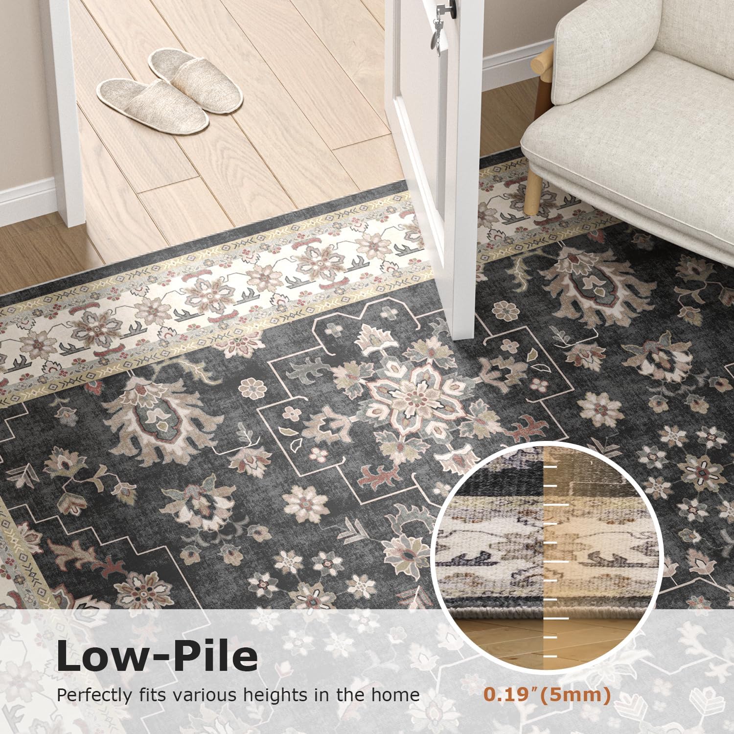 COHOME Vintage Distressed Washable Rug, Pet & Kid Friendly Area Rugs with Non-Slip TPE Backing, Stain Resistant High Traffic Low Pile for Living Room Bedroom, Indoor Low Profile (Black, 4' x 6')