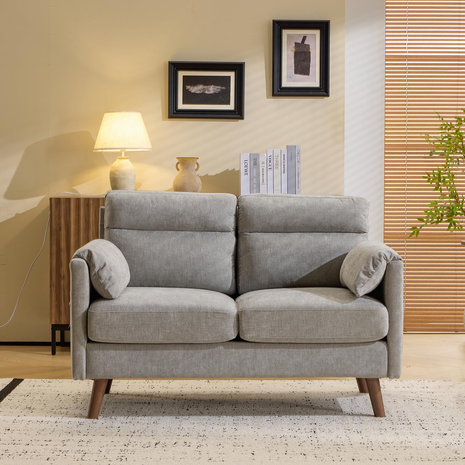 Bonnlo Fabric 2 seater sofa,Small Modern Couch with Soft Cushion,Tapered Legs and Side Pocket Storage,Compact Loveseat with Deep Seat Perfect for Living Room,Bedroom,Office,Dorm,Light Grey
