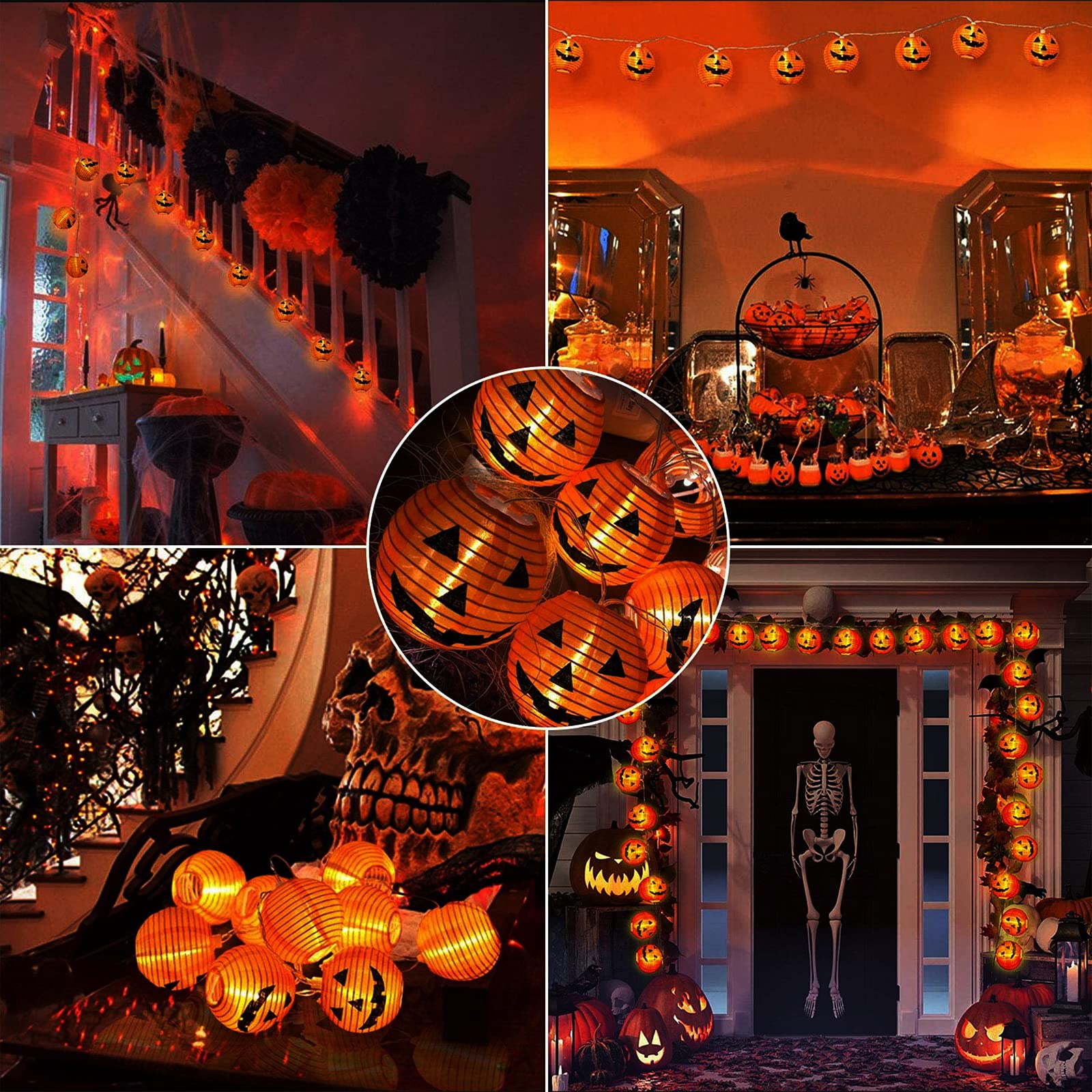 Qedertek Halloween Decorazione con Luce Arancio, 20 Lanterna con Figura di Zucca, Catena Luminosa a Batteria per Halloween, Luci Halloween per Decorazione Interno ed Esterno, Giardino, Albero, Festa