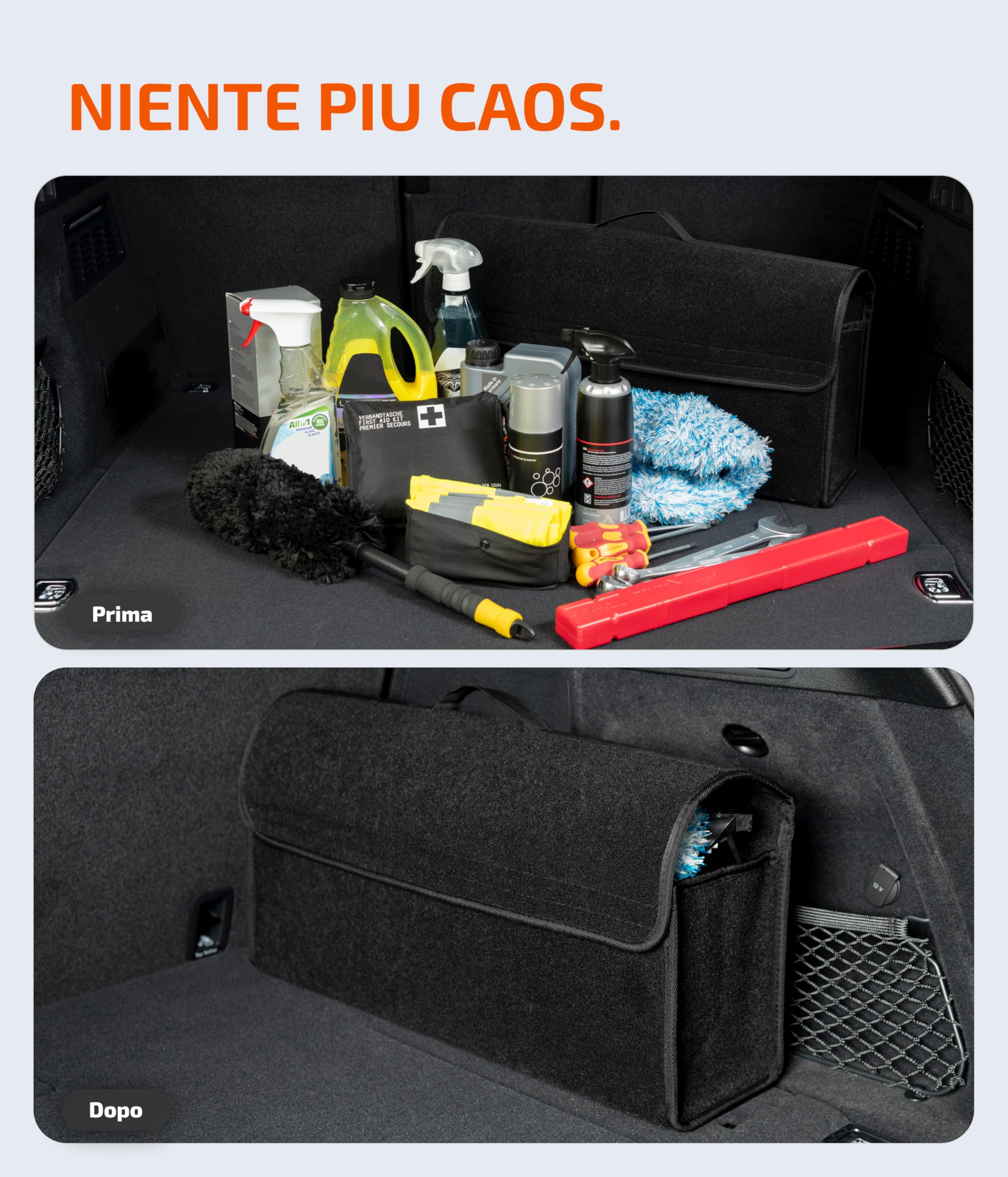 LIONSTRONG® Borsa da Bagagliaio Auto [FELTRO DI ALTA QUALITÀ] – Pieghevole – Con strisce a strappo per fissaggio antiscivolo – Borsa per strumenti – Accessori auto – Universale per tutte le auto