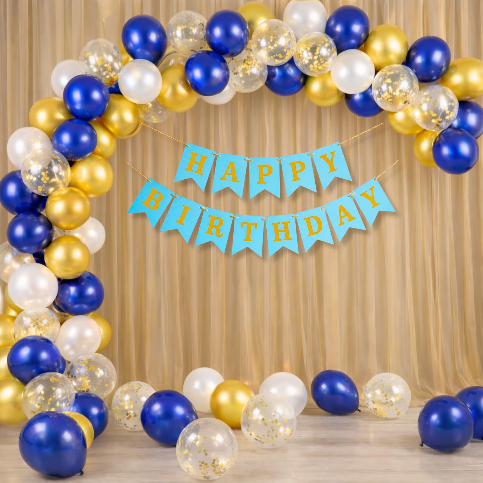 Happy Birthday Decoration Kit for Baby Boys Girls Kids Husband Wife Adults Home Bedroom Year With 30 Pcs Dark Blue Gold White Balloons 1 Pc Sky Blue Happy Birthday Paper Banner Items Set Combo Golden-image-42