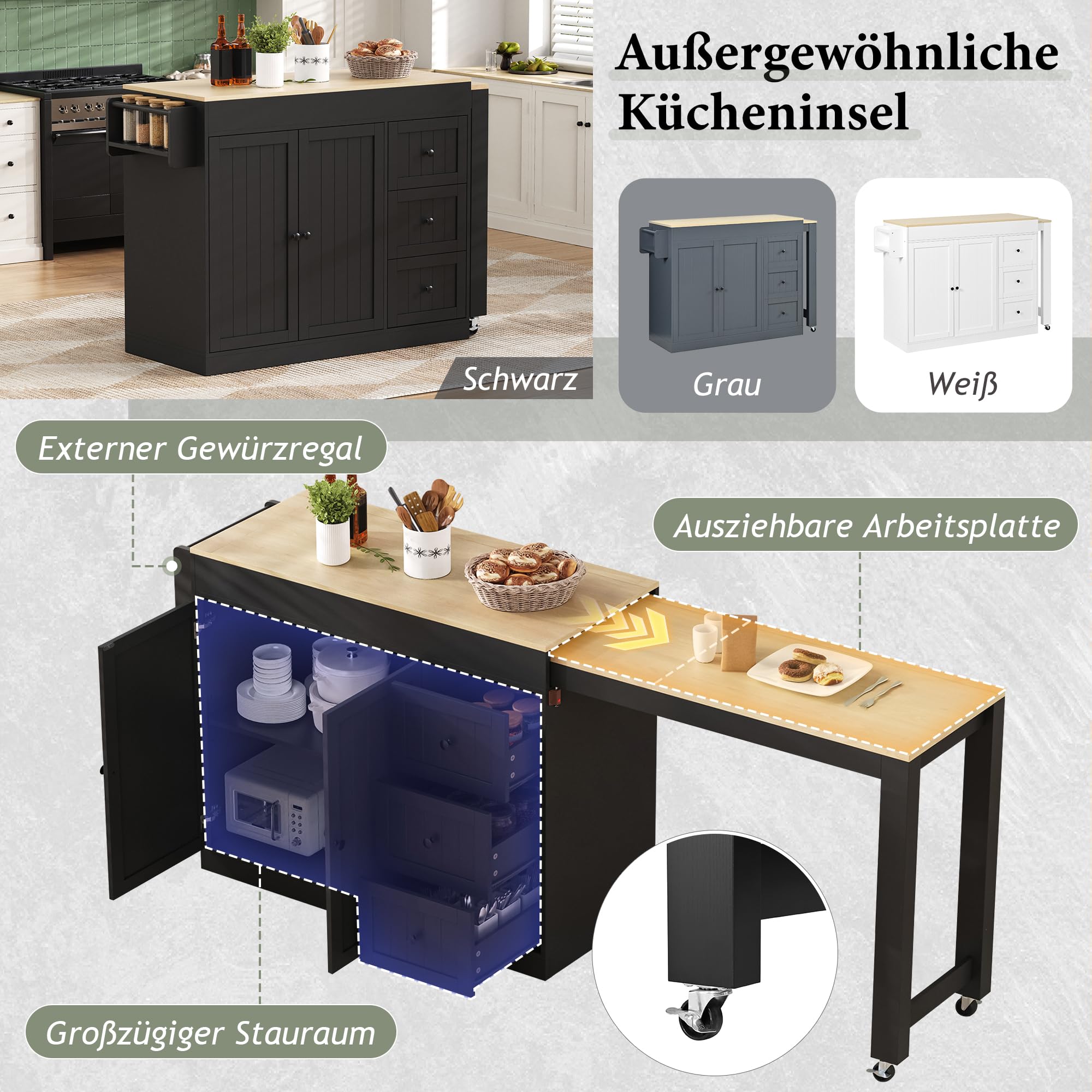 Kücheninsel auf Rollen mit ausziehbarer Arbeitsplatte, Mobile Kücheninsel mit Schubladen & Gewürzregal, freistehender Küchenwagen, platzsparend für kleine Küche & Esszimmer (Schwarz)