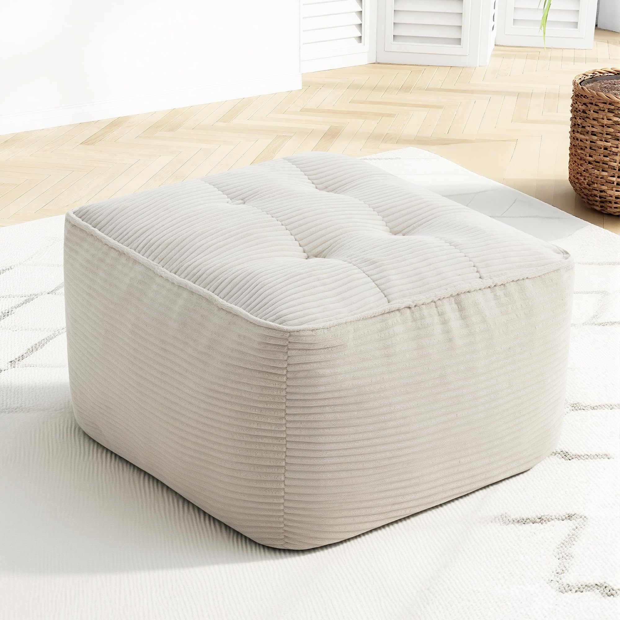 Square Stuffed Pouf Ottoman, Corduroy Oversize Foot Rest,Beige
