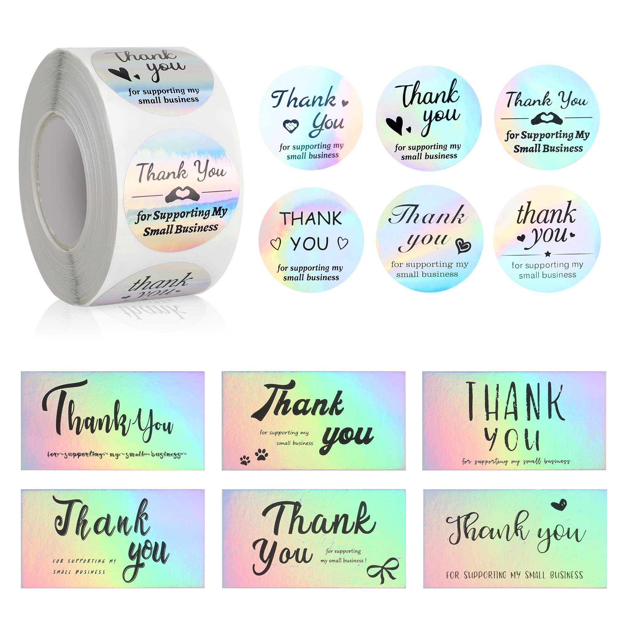 600 Pieces Thank You for Supporting My Small Business Stickers and 120 Pieces Thank You Cards for Small Business, Holographic Silver Thank You Roll Labels and Cards for Business Stores