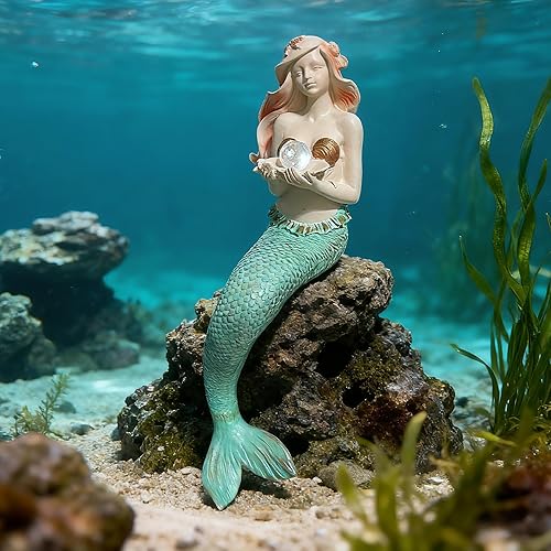 Miniatura 4 de Teaeeno Figura creativa de sirena de resina para jardín, figura de sirena, decoración de escultura de sirena para interior y exterior (azul)