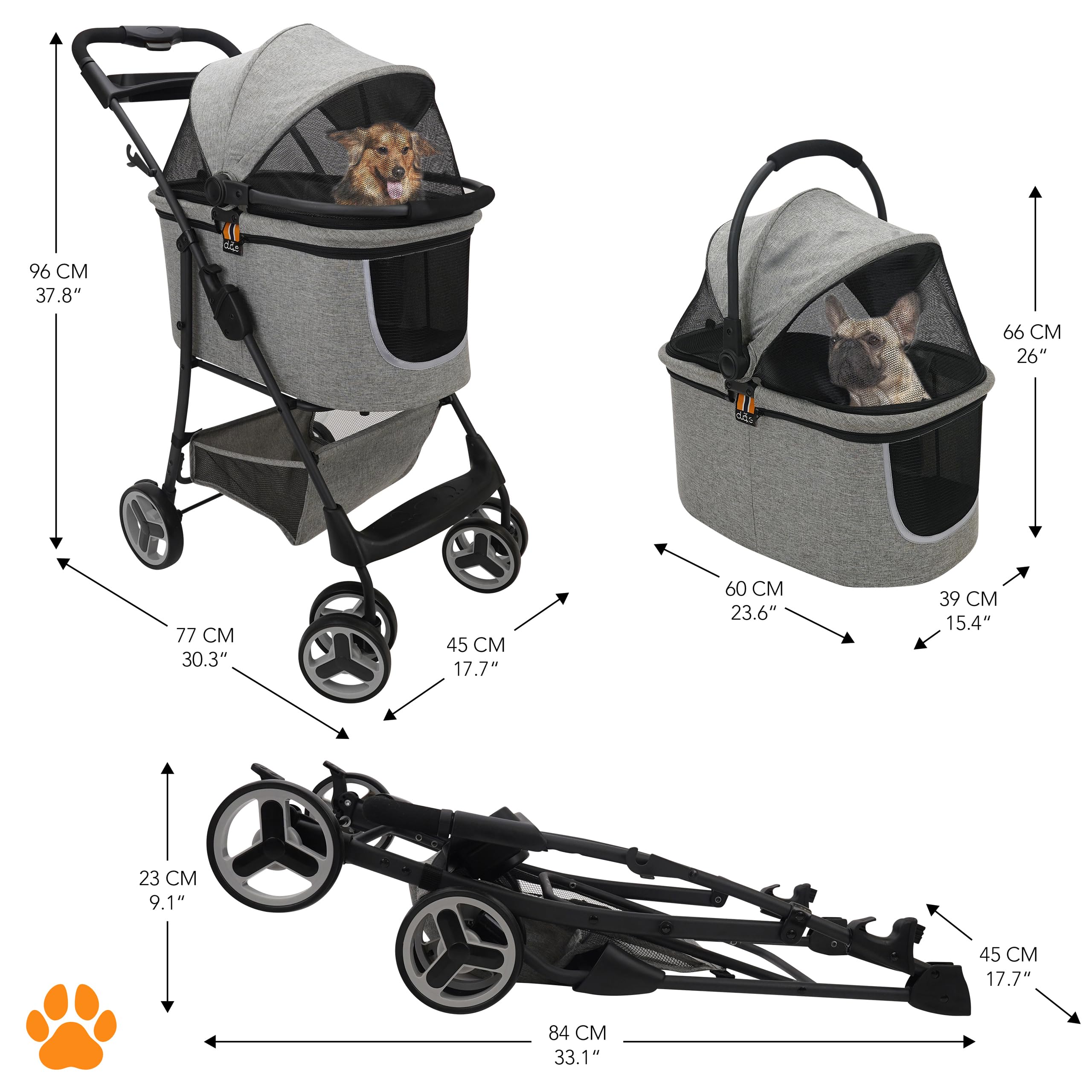 Mod. CECE 2 in 1 - Passeggino per animali, con cestino per spesa o accessori, pieghevole con una mano, utilizzabile col telaio della carrozzina o staccabile come trasportino, grigio melange