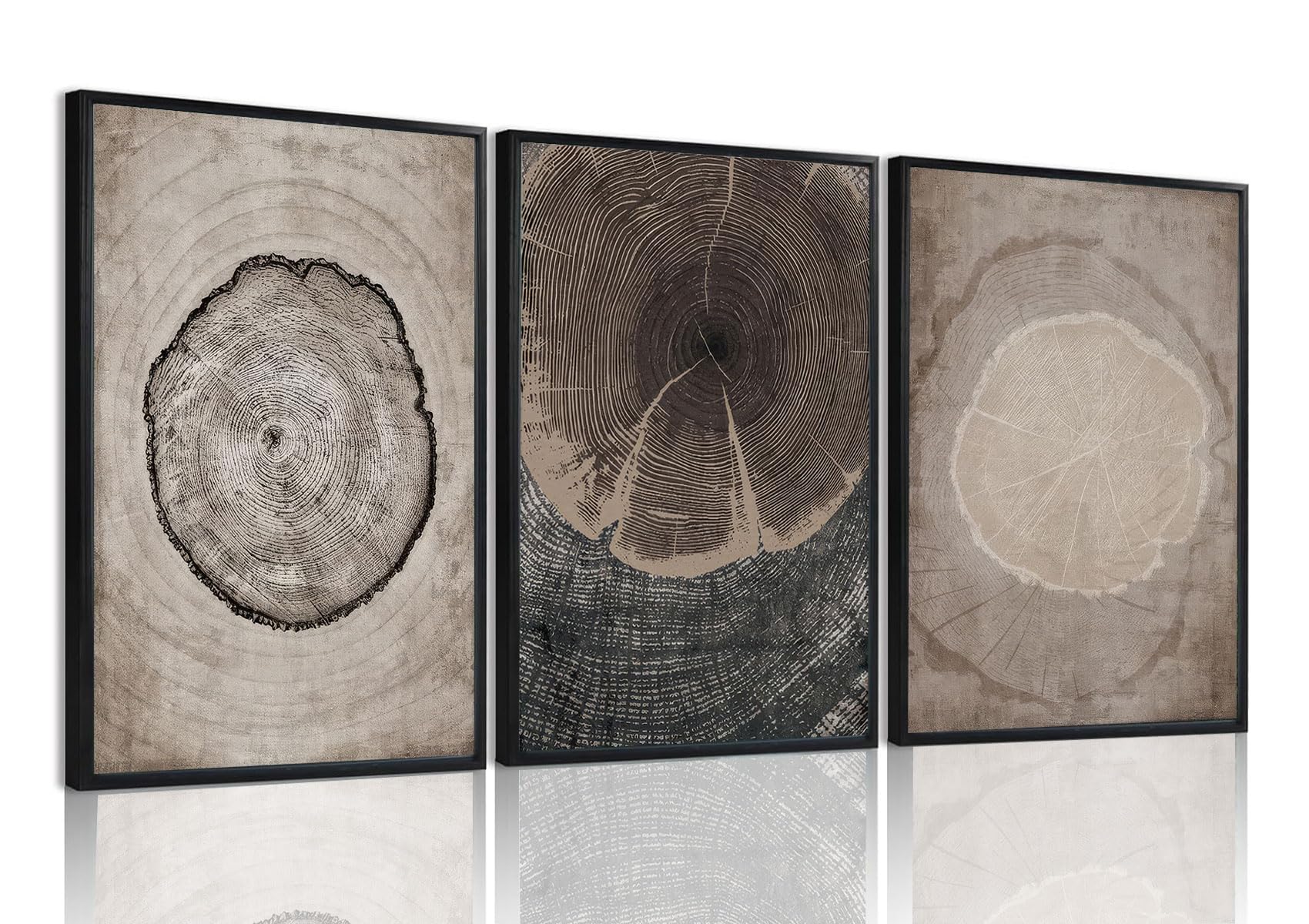 okudolit Tree Rings Canvas Wall Art Set Large Framed Modern Wood Stump Paintings Neutral Abstract Black Beige Wall Decor Forest Nature Art Print for Living Room Bedroom Dining Room Office-16 x24 x3