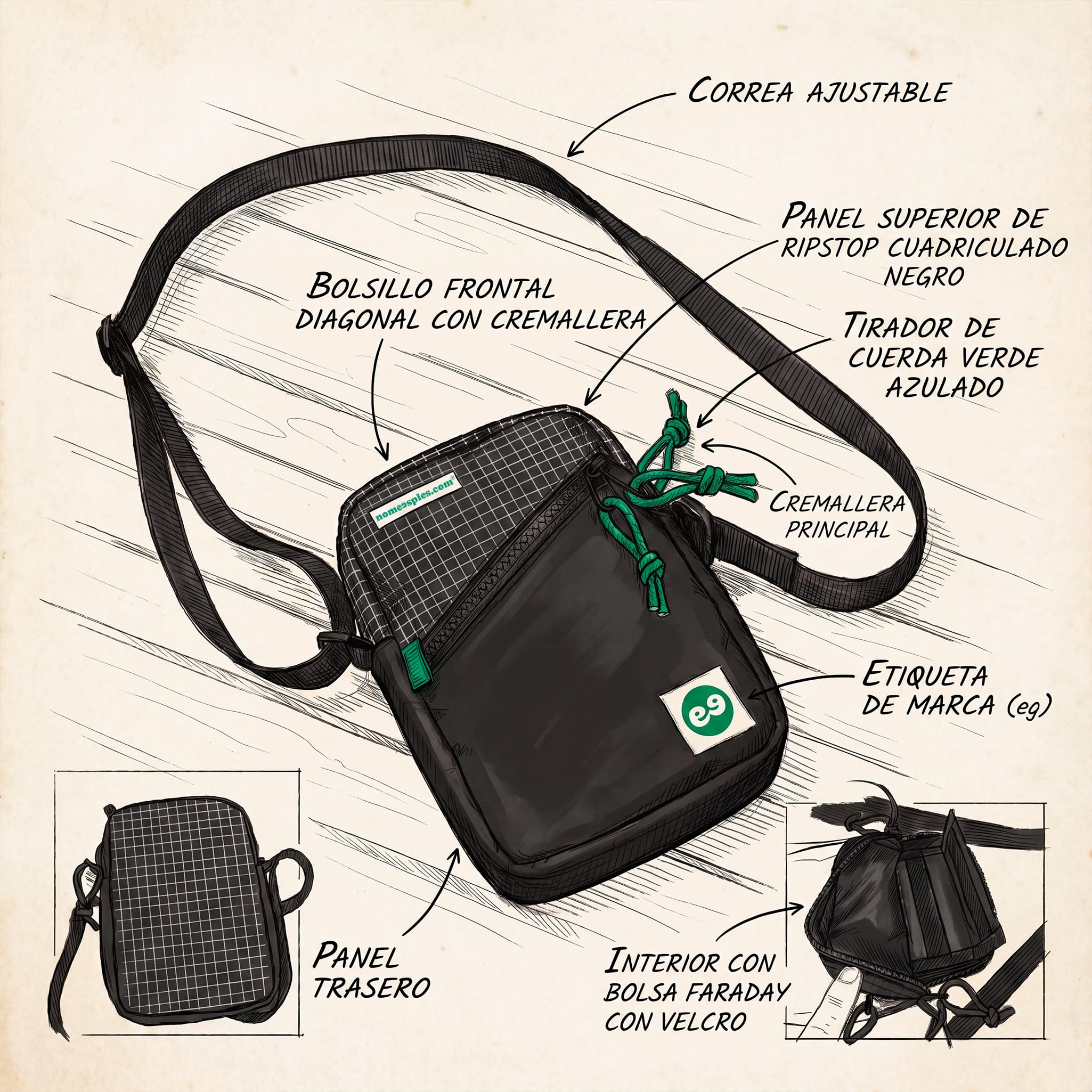 Bolso Faraday Anti-escucha Móvil y Anti-espionaje | Bandolera Unisex con Bolsillo que Impide que te Escuchen (GPS/WiFi/5G/RFID) | Mochila Techwear Impermeable Antirrobo 1.5L