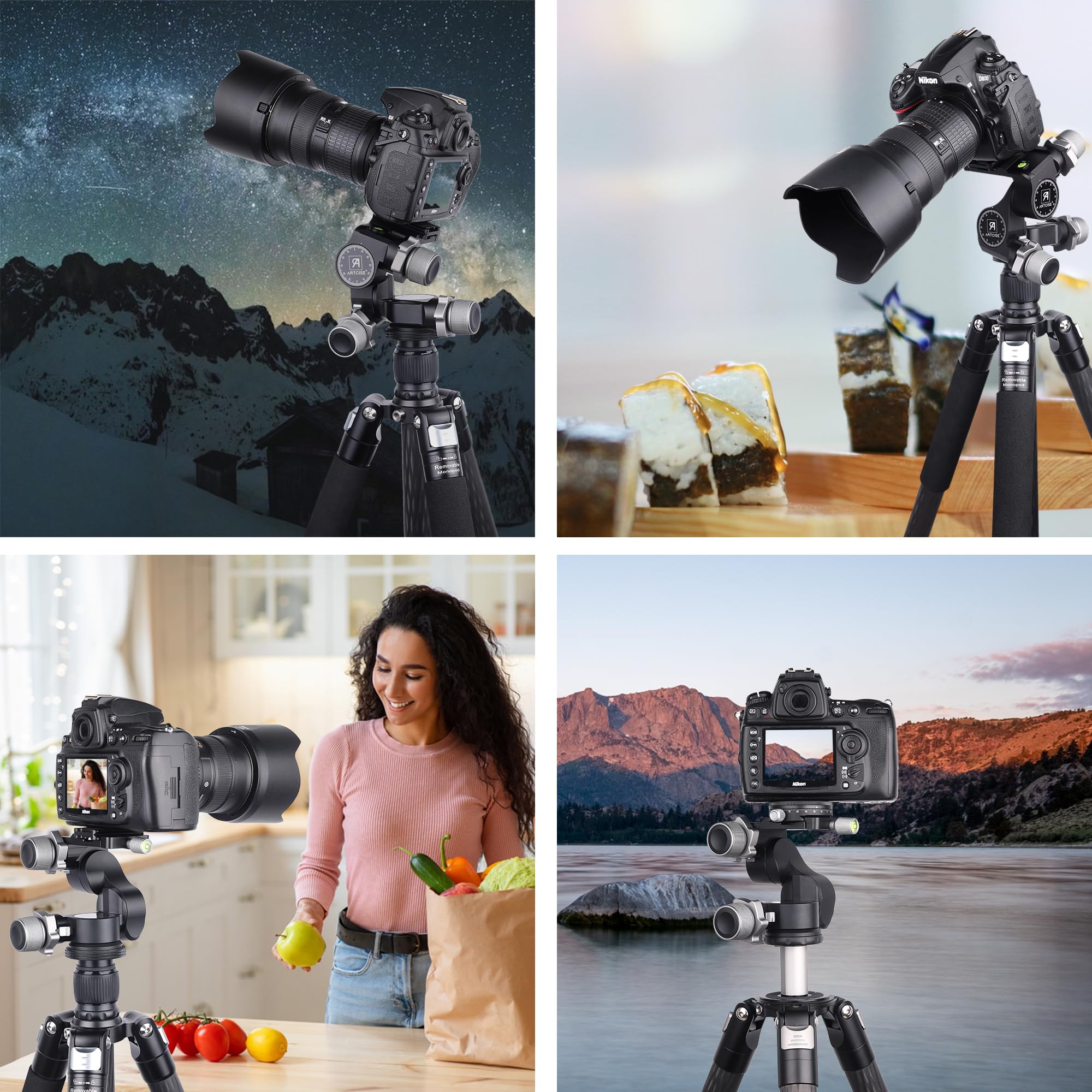Cabezal de trípode con engranajes de 3 vías, cabezal de trípode con engranajes ARTCISE con placa QR tipo Arca y placa QR panorámica de tipo Arca de 360 °, microajuste milimétrico, carga máxima de 6 kg