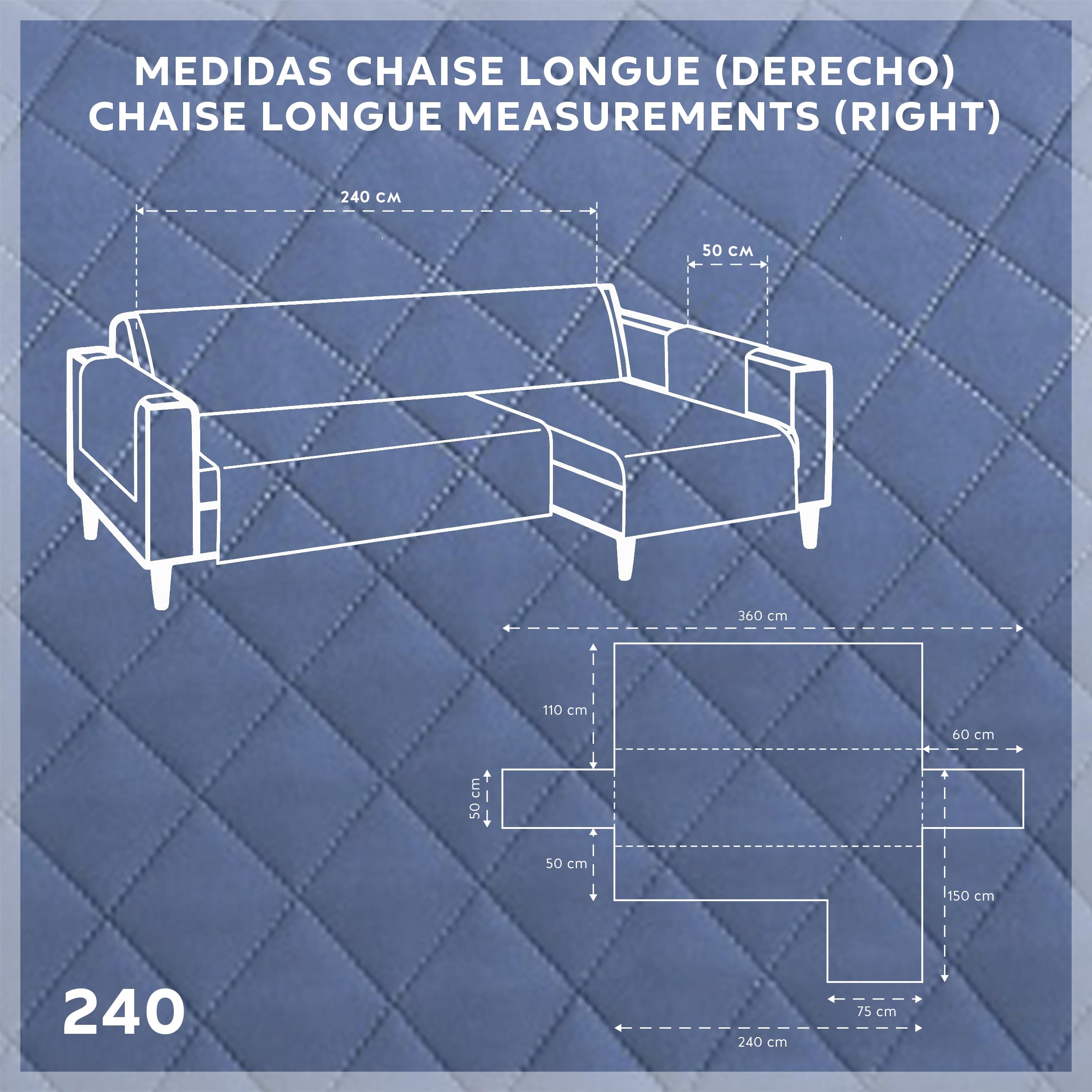 Textilhome Copridivano Chaise Longue con Penisola Malu 240cm – Salvadivano Trapuntato Universale con Bracciolo Destro, Protezione per Animali Domestici, Colore Blu (Visto da Davanti)