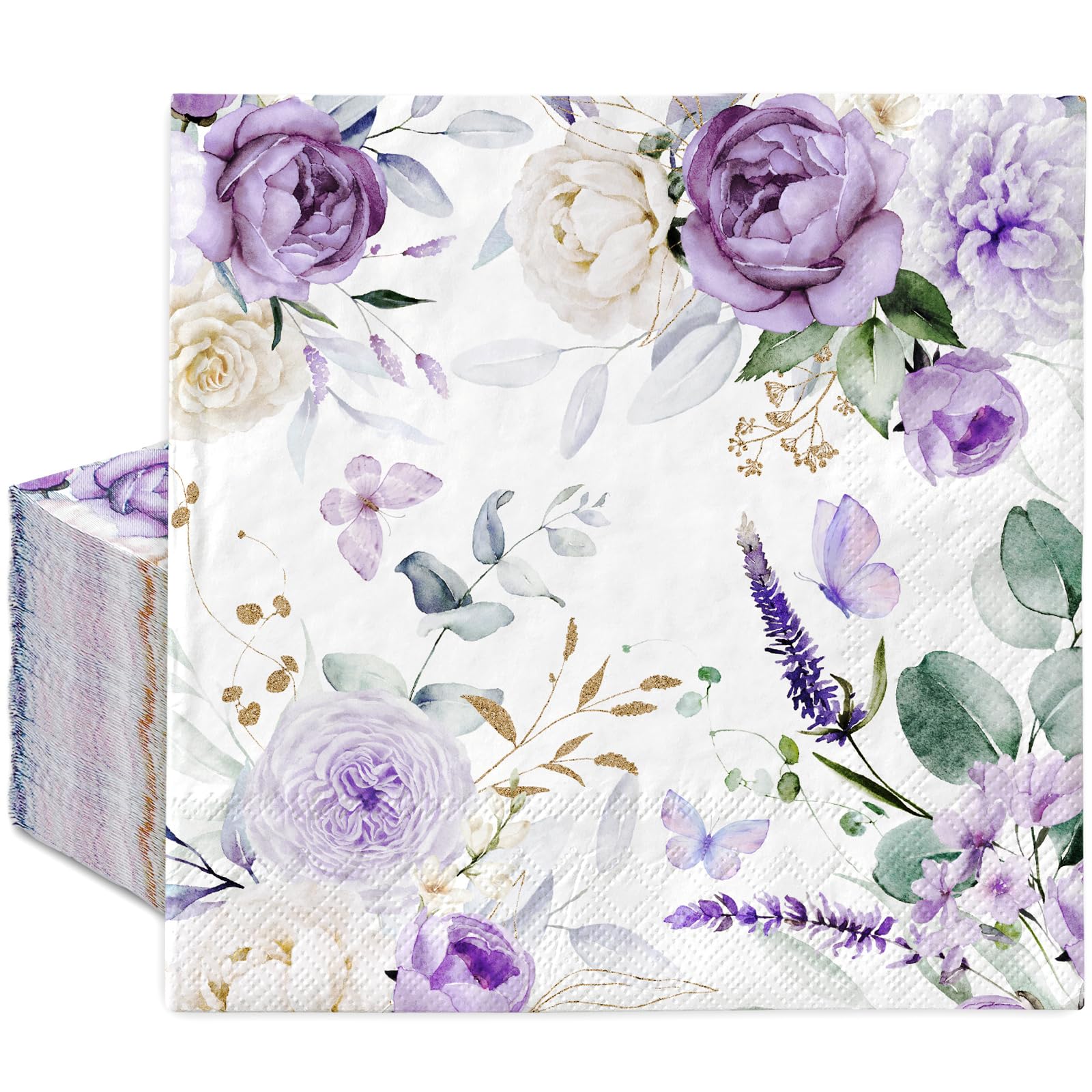 100Pcs Purple Floral Paper Napkins Watercolor Lavender Flower Butterfly Disposable Luncheon Napkins Decorative Dinner Napkin for Spring Home Party