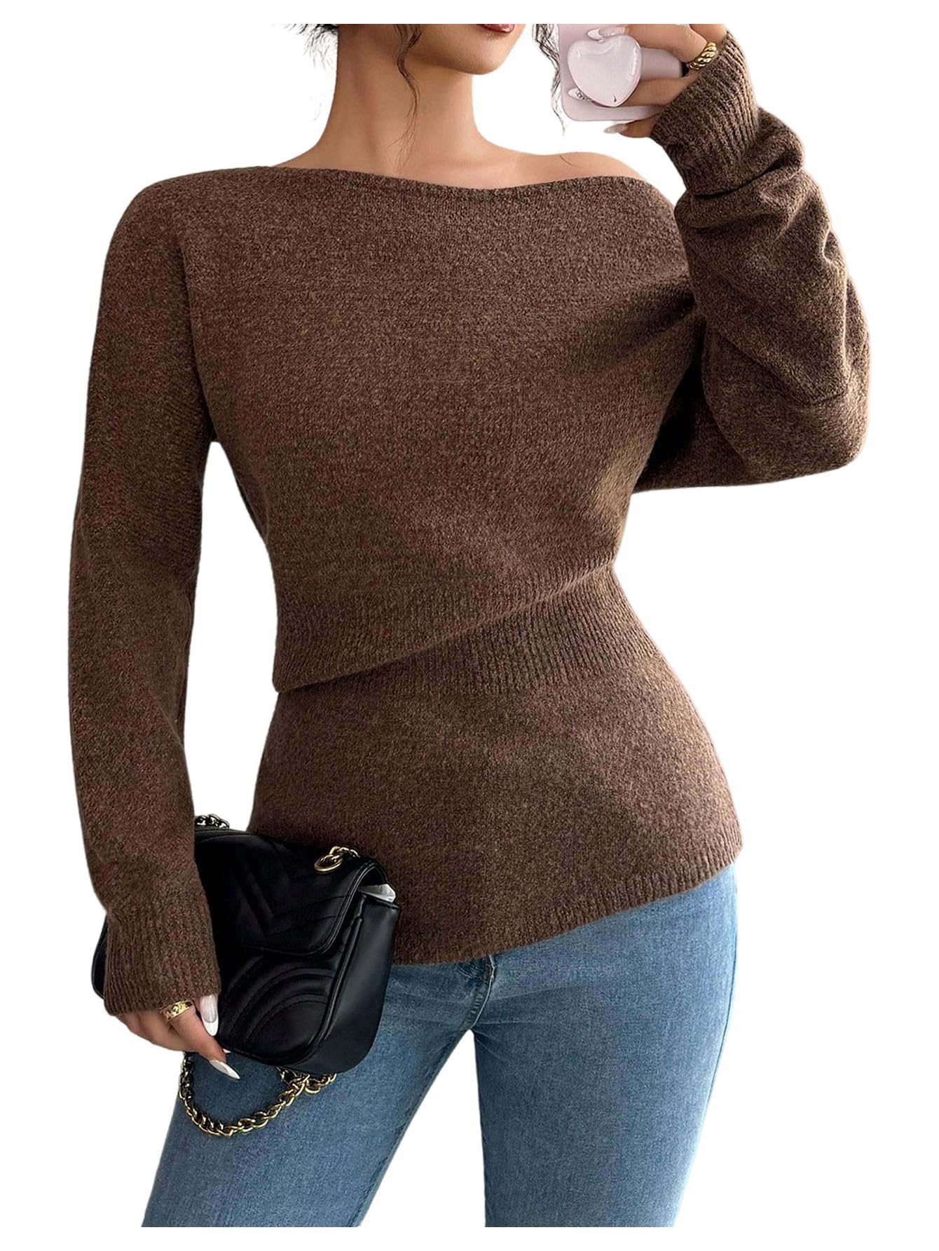 SHENHE Womens Off The Shoulder Sweater Long Sleeve Fall Knit Jumper Asymmetrical Sweater