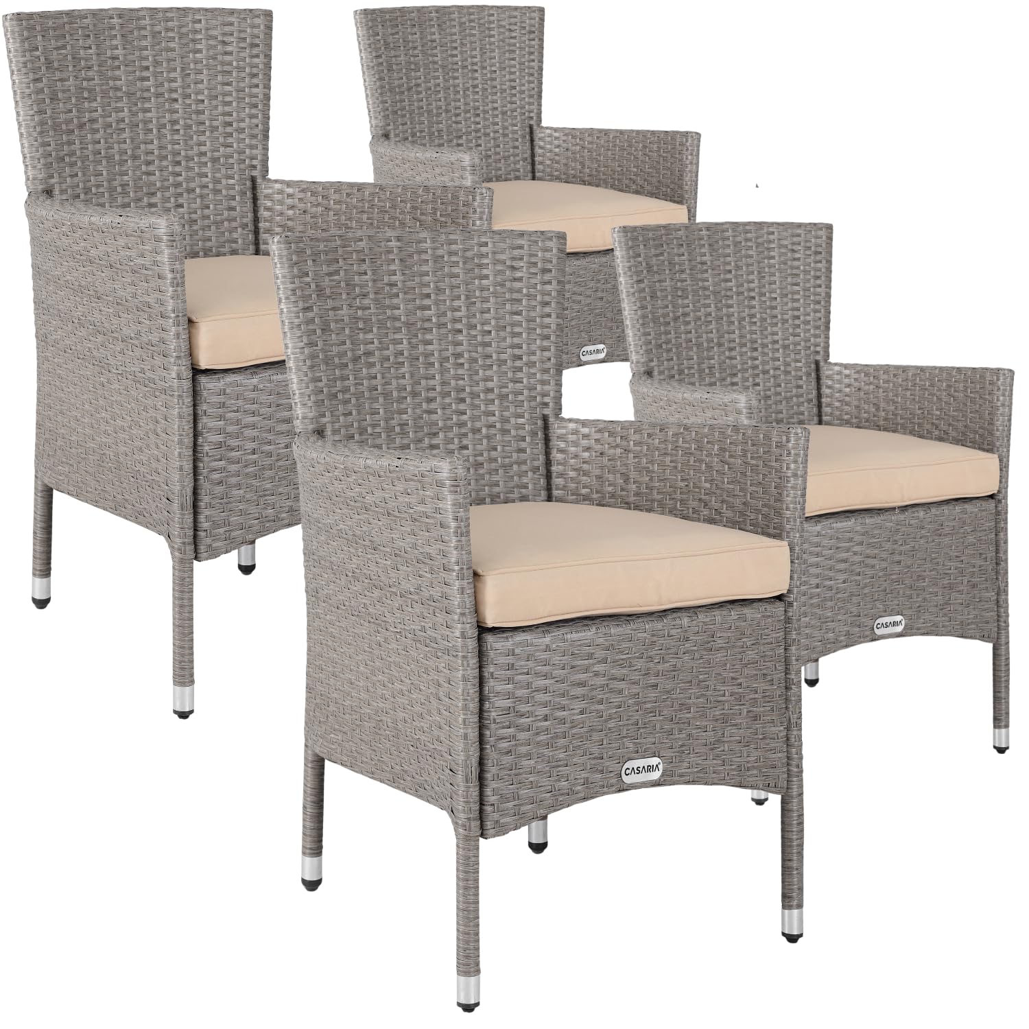 CASARIA® Set of 4 Polyrattan Garden Chairs | Stackable | Weatherproof | High Back Armchairs with 7cm Padded Seat Cushions | 160kg Load Capacity | Outdoor Garden Patio Balcony Furniture | Cream
