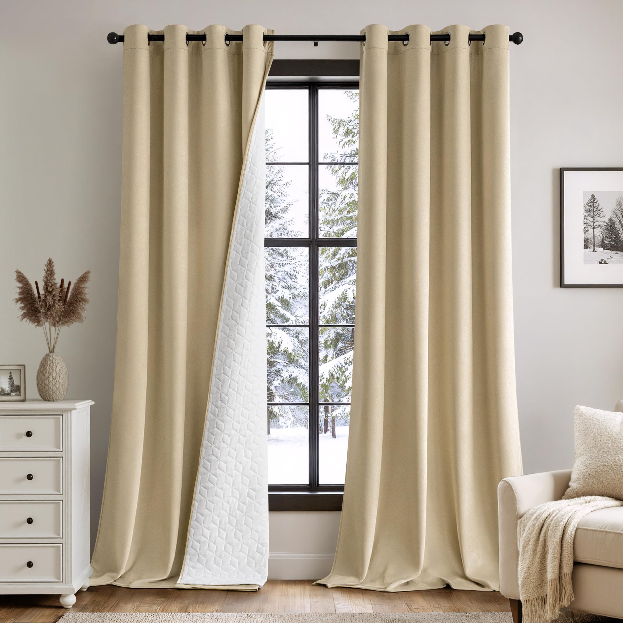 MIULEE Thermovorhang Samt, Kälteschutz Wärmevorhang, Beige, 132x225cm 1er | Doppellagiger Samt-Thermovorhang mit Gestepptem Futter, Blickdicht, Kälteschutz für Haustüren im Winter