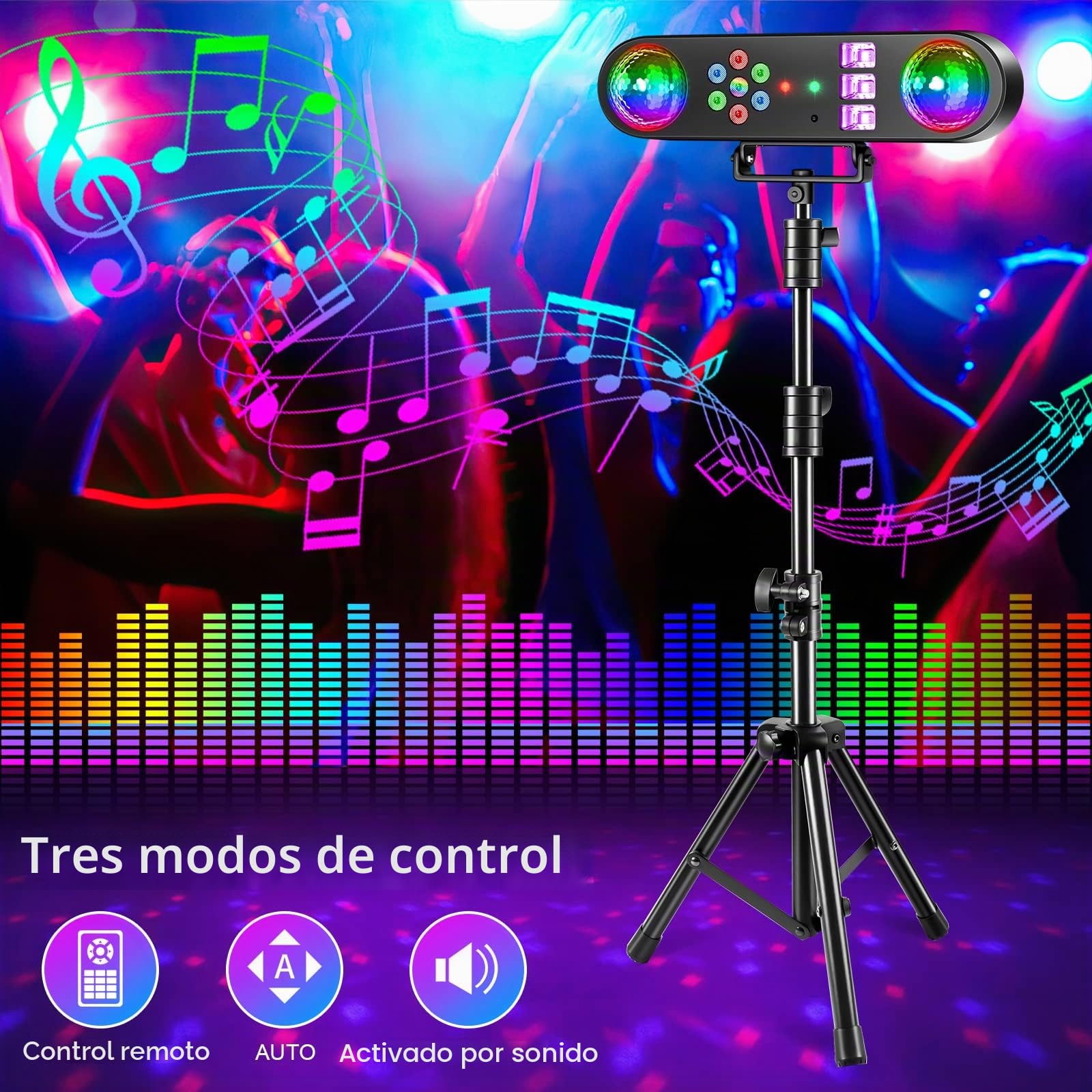 U`King Luces de DJ con soporte, juego de luces de barra de fiesta 5 en 1 con bola giratoria/estroboscópica/UV/luz LED colorida y luces de patrón, Adecuado para Halloween/bar/fiesta.