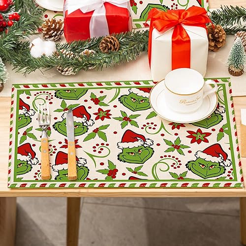 Miniatura 4 de Whaline Manteles individuales de Navidad, divertidos personajes de dibujos animados, antideslizantes, resistentes al calor, color rojo y verde, para