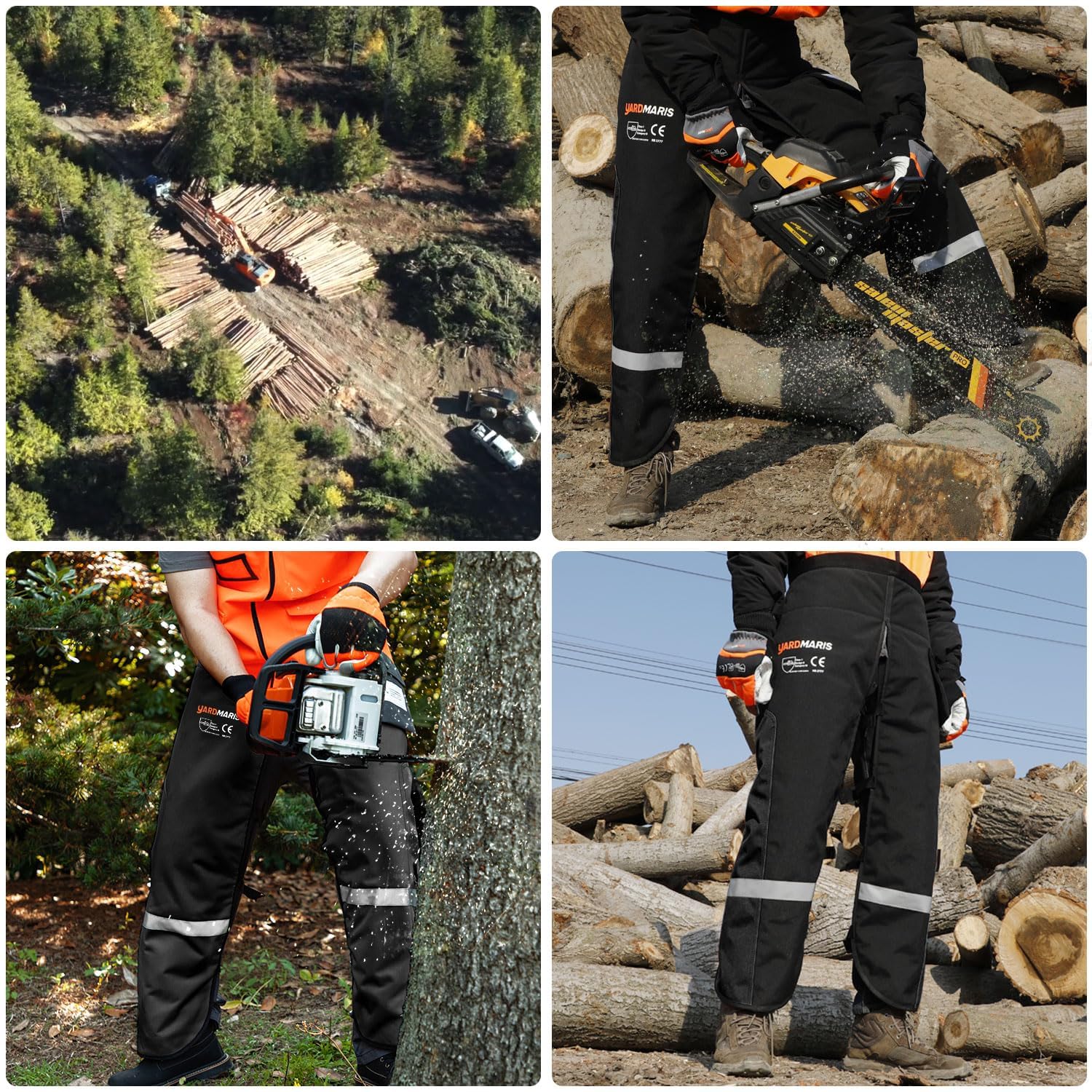 Pantalones anti-corte para motosierra con cinturón ajustable y bandas reflectantes 3M - Certificado UL (Negro)