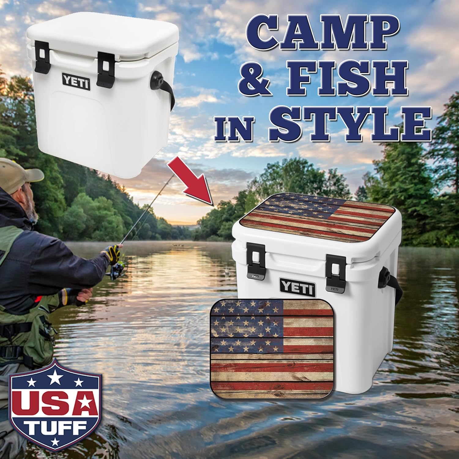 USATuff Vinyl Cooler Lid Kit Compatible with YETI | Easy Peel & Stick Application Cooler Skin Decal Wrap | Durable Pre-Cut Pieces | Made for Outdoor Use - Old Glory Flag Design