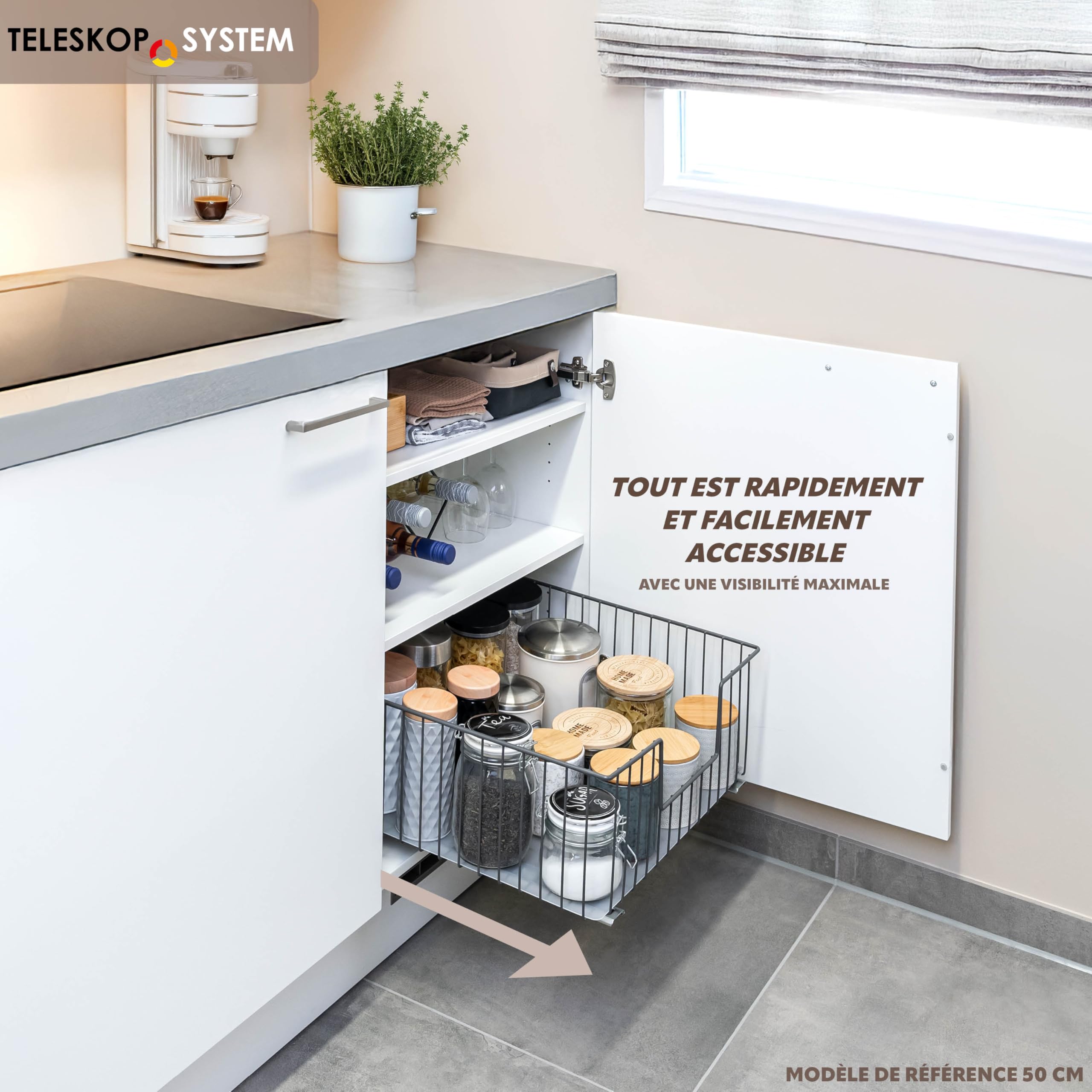 bremermann Panier Coulissant pour Armoire, Largeur 30 cm, avec Tablette, Rails télescopiques, Panier Coulissant idéal pour la Cuisine et la Salle de Bain, en métal (Gris)