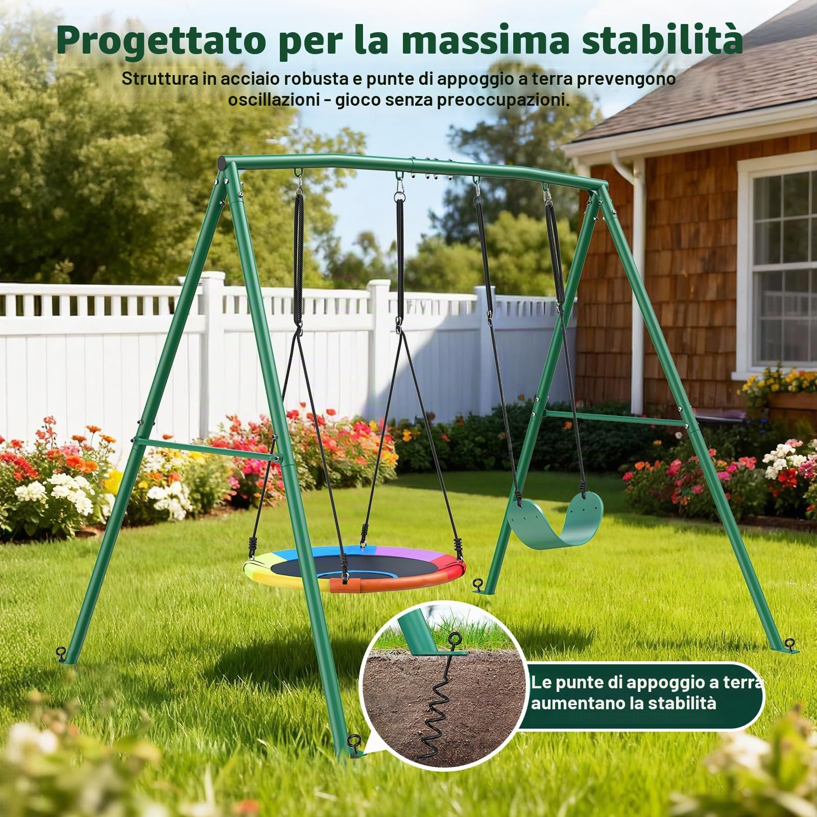 Trekassy Set di Altalena Doppia per Esterni con Struttura in Metallo, Portata fino a 200 kg, Altalena da Giardino con Altezza Regolabile, Altalena a Nido per Esterni per Bambini e Adulti