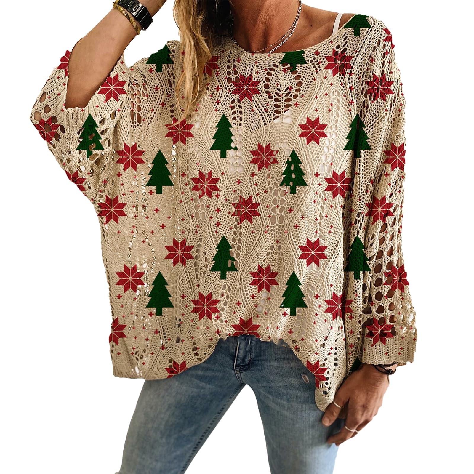 Ugly Christmas Sweaters for Women Long-Sleeve Crocheted Christmas Tree Print Knit Pullover Christmas-Themed Comfortable Top
