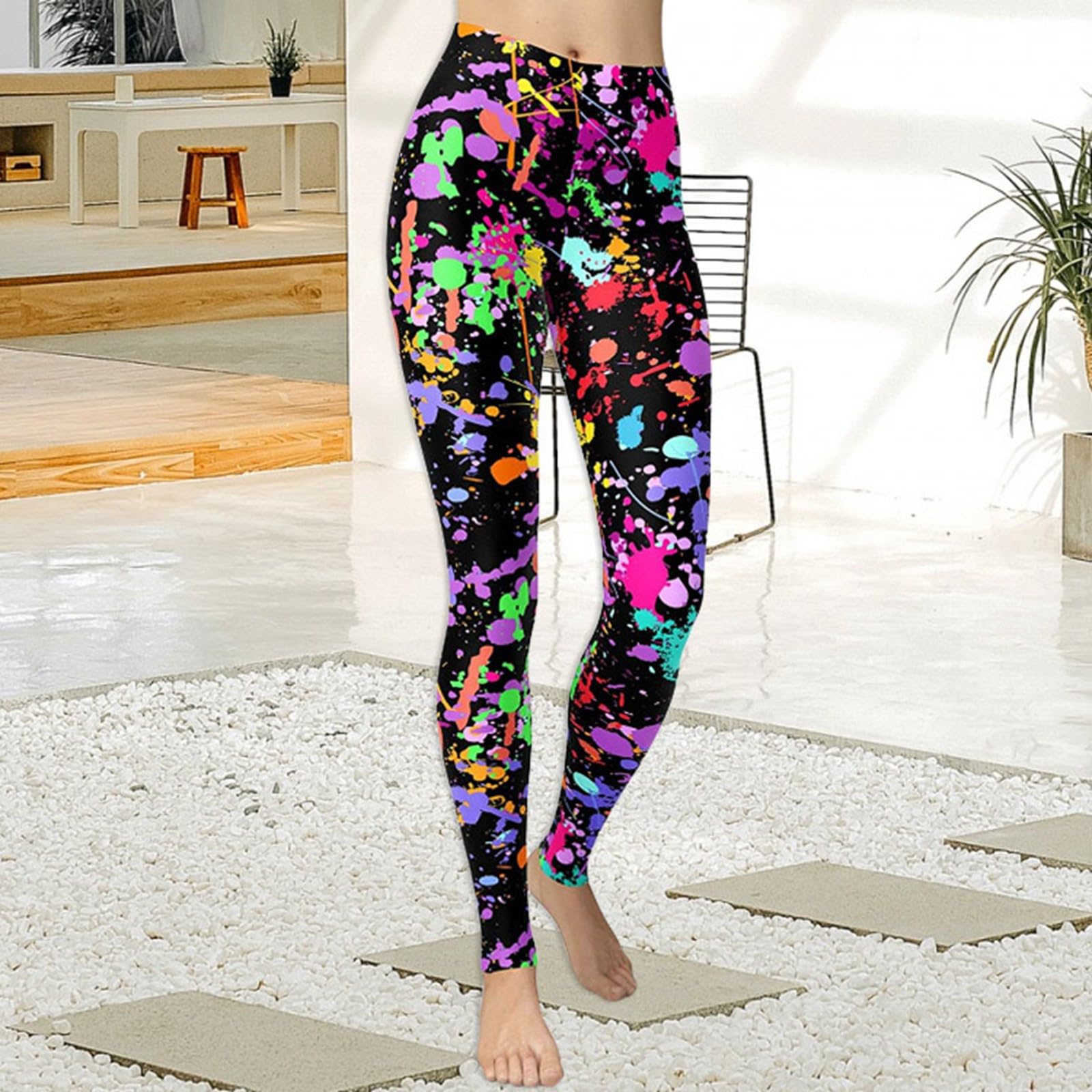 Generisch Damen Leggings mit Buntem Farbspritzer-Muster - Elastische High-Waist Sporthose im 80er-Jahre-Stil | Auffällige Fitnesshose für Yoga, Workout und Freizeit