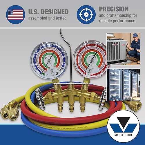 Miniatura 2 de Juego de colectores Mastercool (59161) de latón R410A, R22, R404A 2vías con calibradores de 3y 18 in, mangueras de 3a 60 in y ajustes estándar de 14