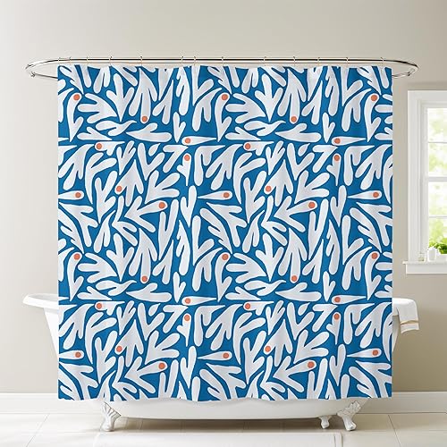 Miniatura 6 de Matisse - Cortina de ducha de tela moderna bohemia azul y blanca, cortina de ducha de arte floral abstracto, 72 x 72 pulgadas (Matisse)