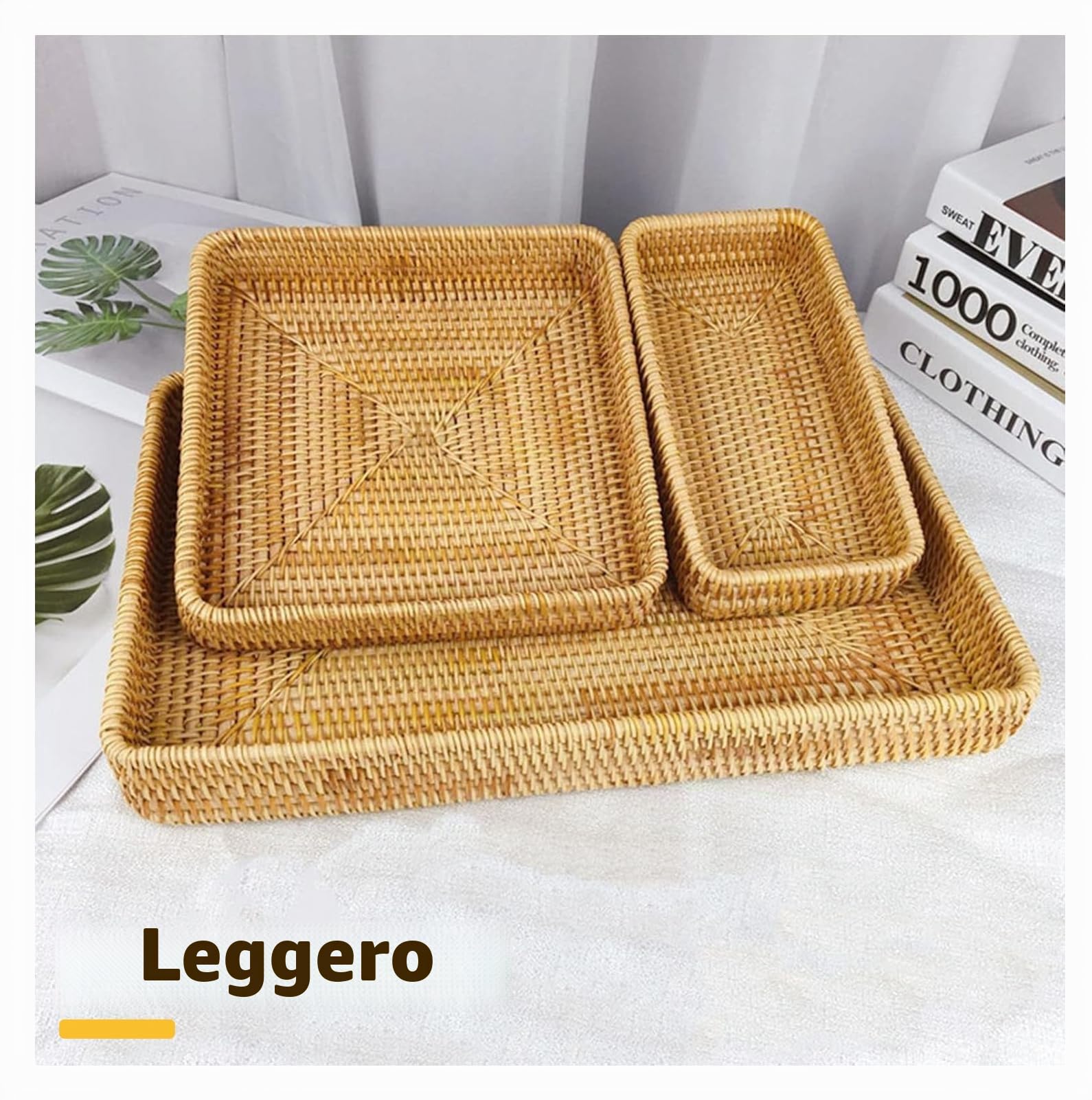 Vassoio da Portata in Rattan, Cestino per Il Pane in Vimini Intrecciato a Mano Vassoio Portaoggetti Rettangolare per Tessitura Decorazione Piatto per Colazione, Tè, Bevande, Pane(Set of 3)