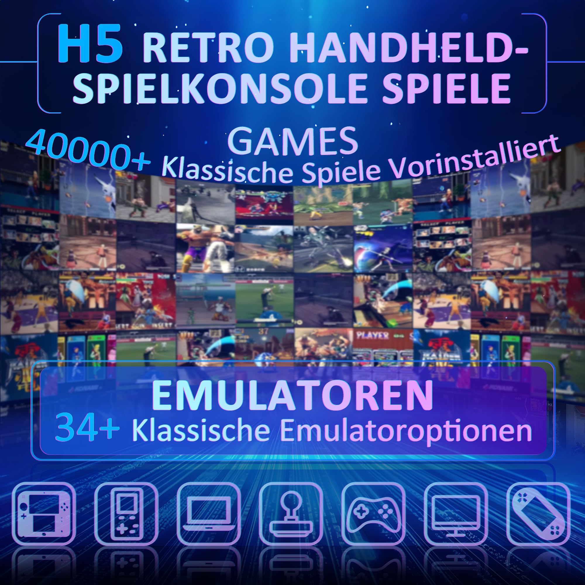 H5 Retro Handheld Spielkonsole, 256 G über 40.000 Spiele, 5-Zoll-IPS Retro Konsole, Linux-System, 4000-mAh-Akku, Unterstützt 34 Emulatoren,Tragbare Mini-Arcade(weiß)