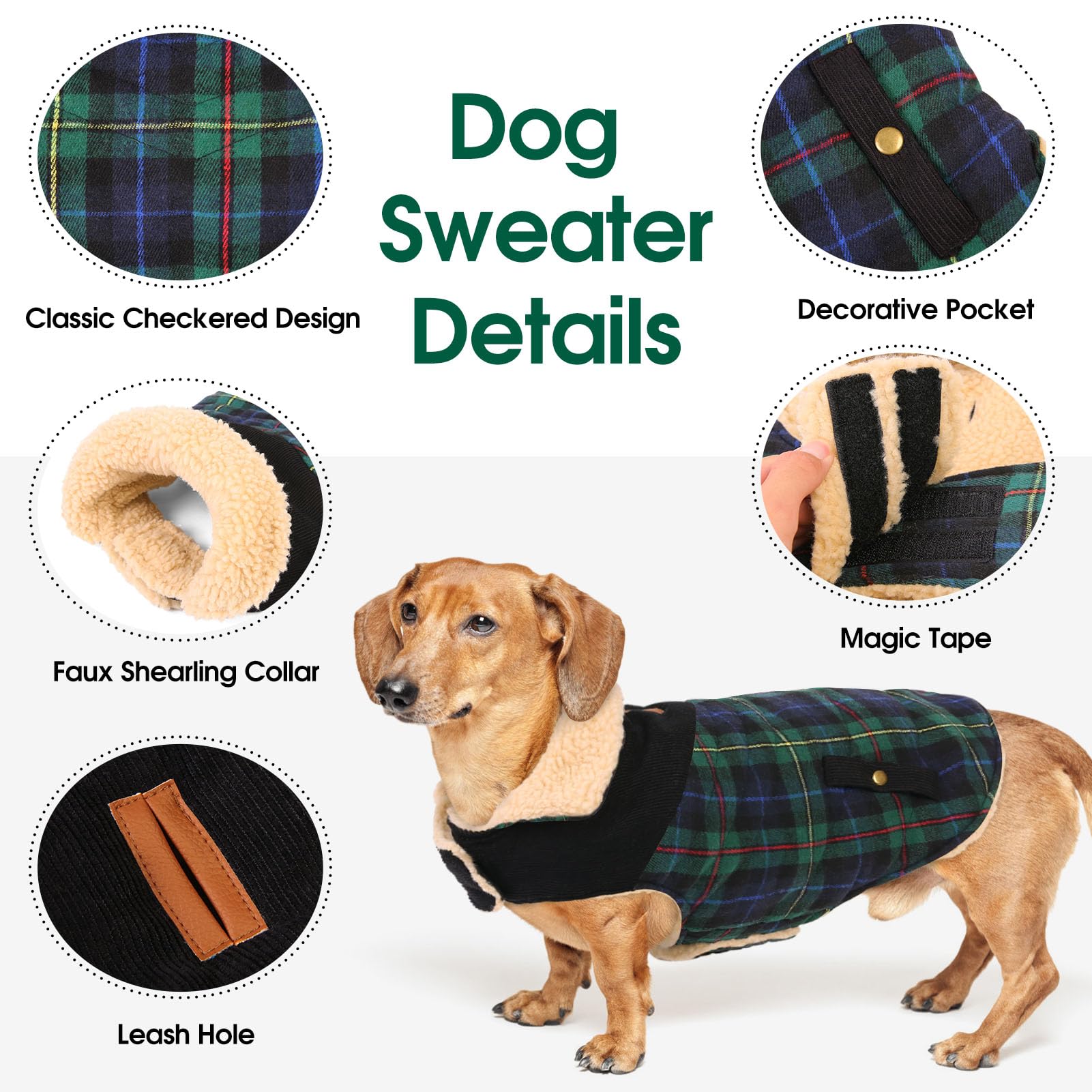 CITÉTOILE Cappotto Invernale per Cani - Giubbotto Termico con Pile, Gilet Antivento per Taglie Piccole/Medie/Grandi, Cappotto Classico a Quadri con Foro per Imbracatura, verde L