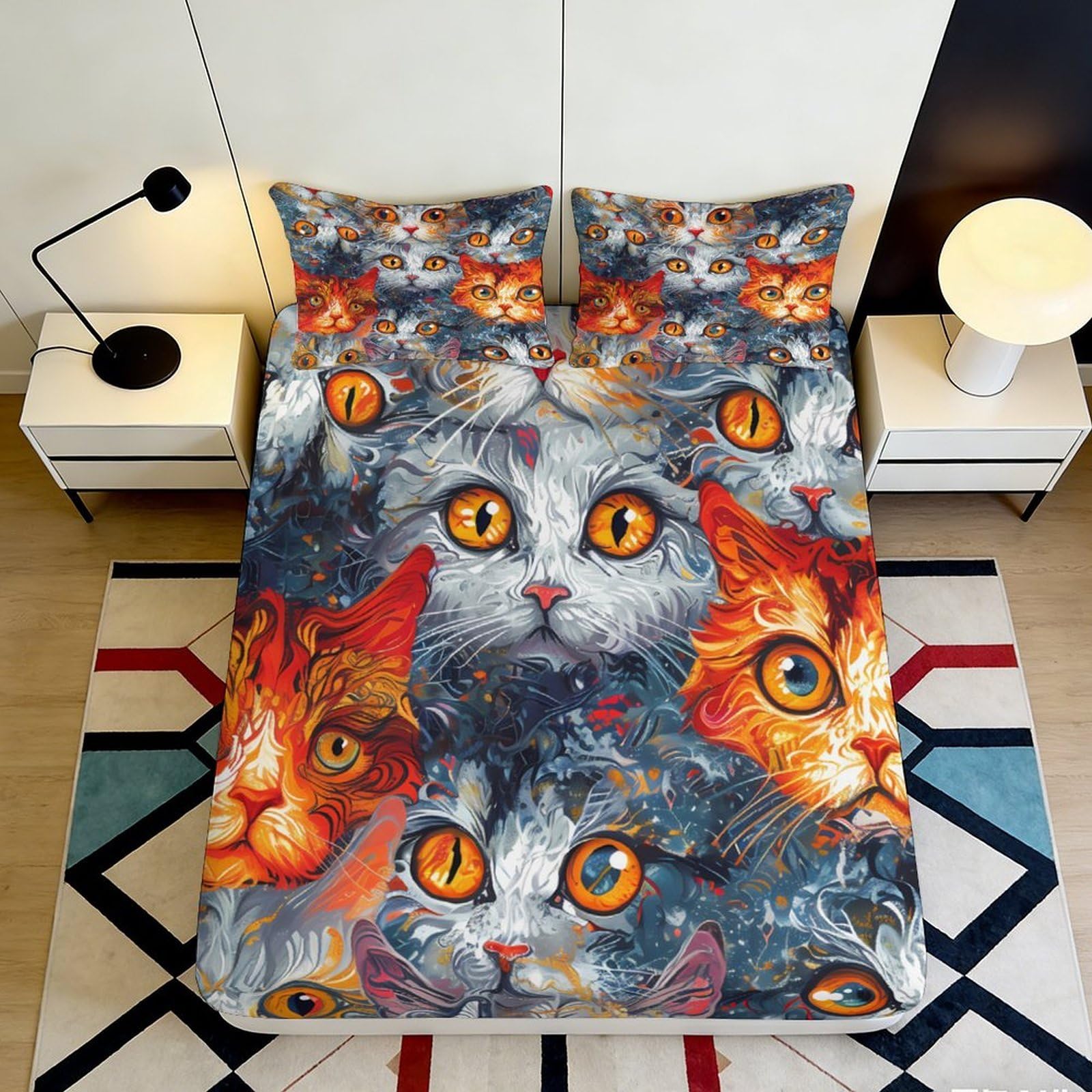 Pnayamiorkfel Style-6 3D Printed Artistic Cat Fitted Sheet Microfiber Soft Anti-Slip Orange Tabby Mattress Cover For Bedroom Dorm Room Decor 90X200x25cm