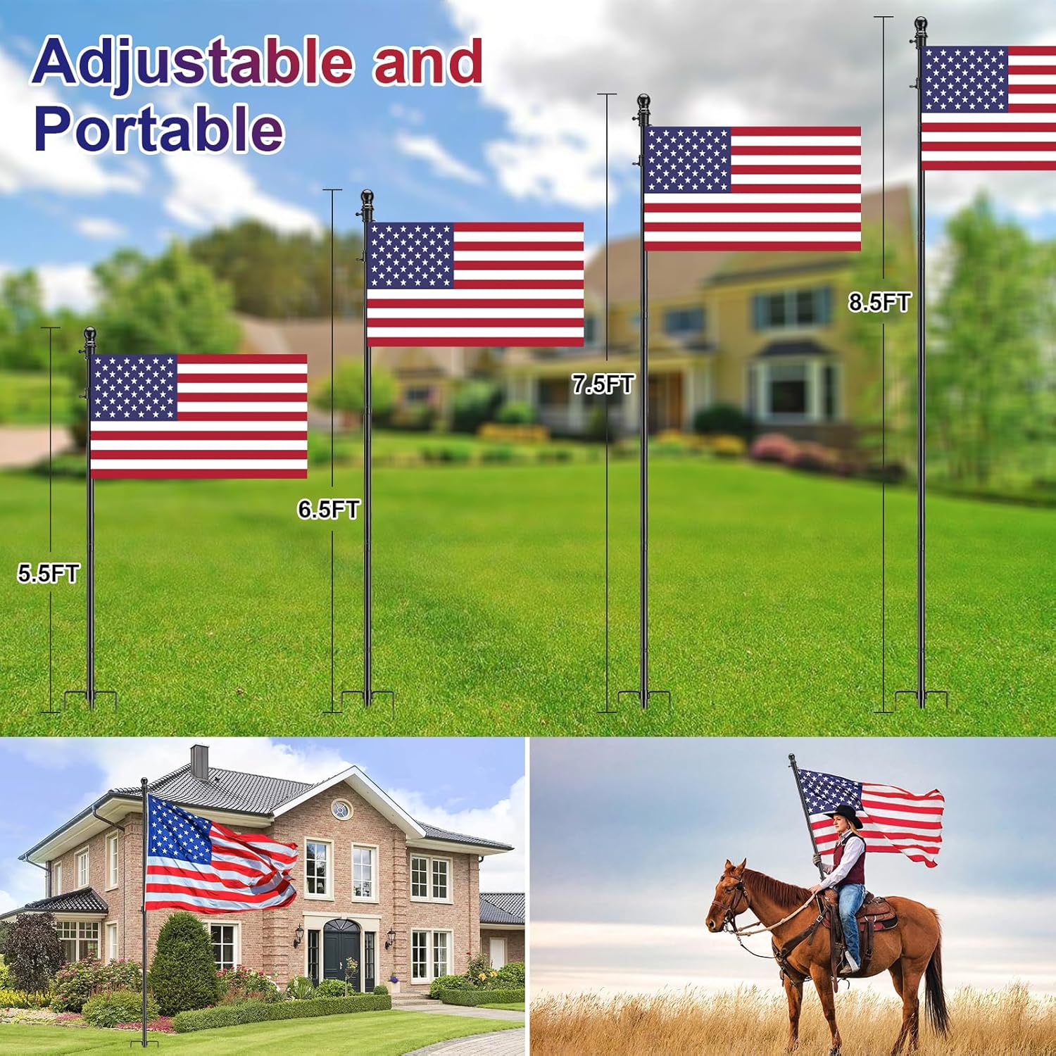 9.5ft Flag Pole Kit for Outside House In Ground - 3x5 Embroidered American Flag with Pole, Portable Windproof Stake - Stainless Steel Inground Flag Pole for Yard Camper Outdoor - Black