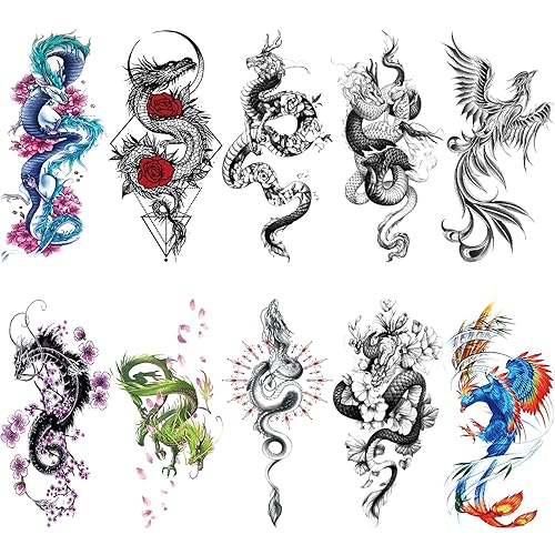 10 hojas de tatuajes temporales de dragón floral realista en el muslo para mujeres adultas, gran color 3D, flor negra, rosa, dragón, manga, tatuaje,