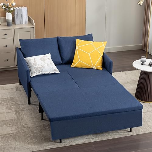 XSPRACER 3-in-1 Convertible Sleeper Sofa, Loveseat Sofa Couch with Pullout Bed and Storage for Living Room, Bedroom, Balcony, RV, Linen, Denim Blue
